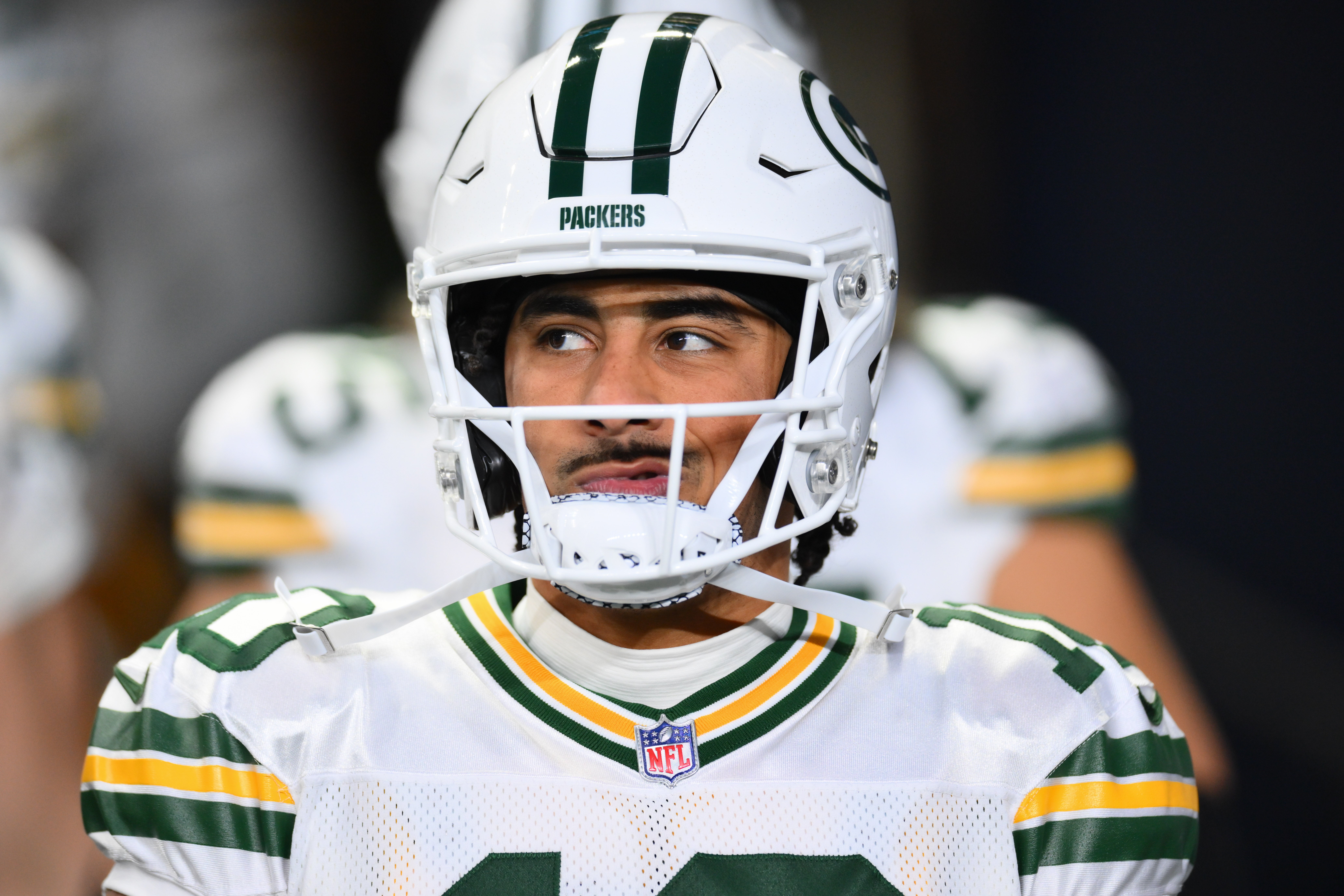 Green Bay Packers quarterback Jordan Love (10) walks out of the tunnel during warmups before the game against the Seattle Seahawks at Lumen Field.