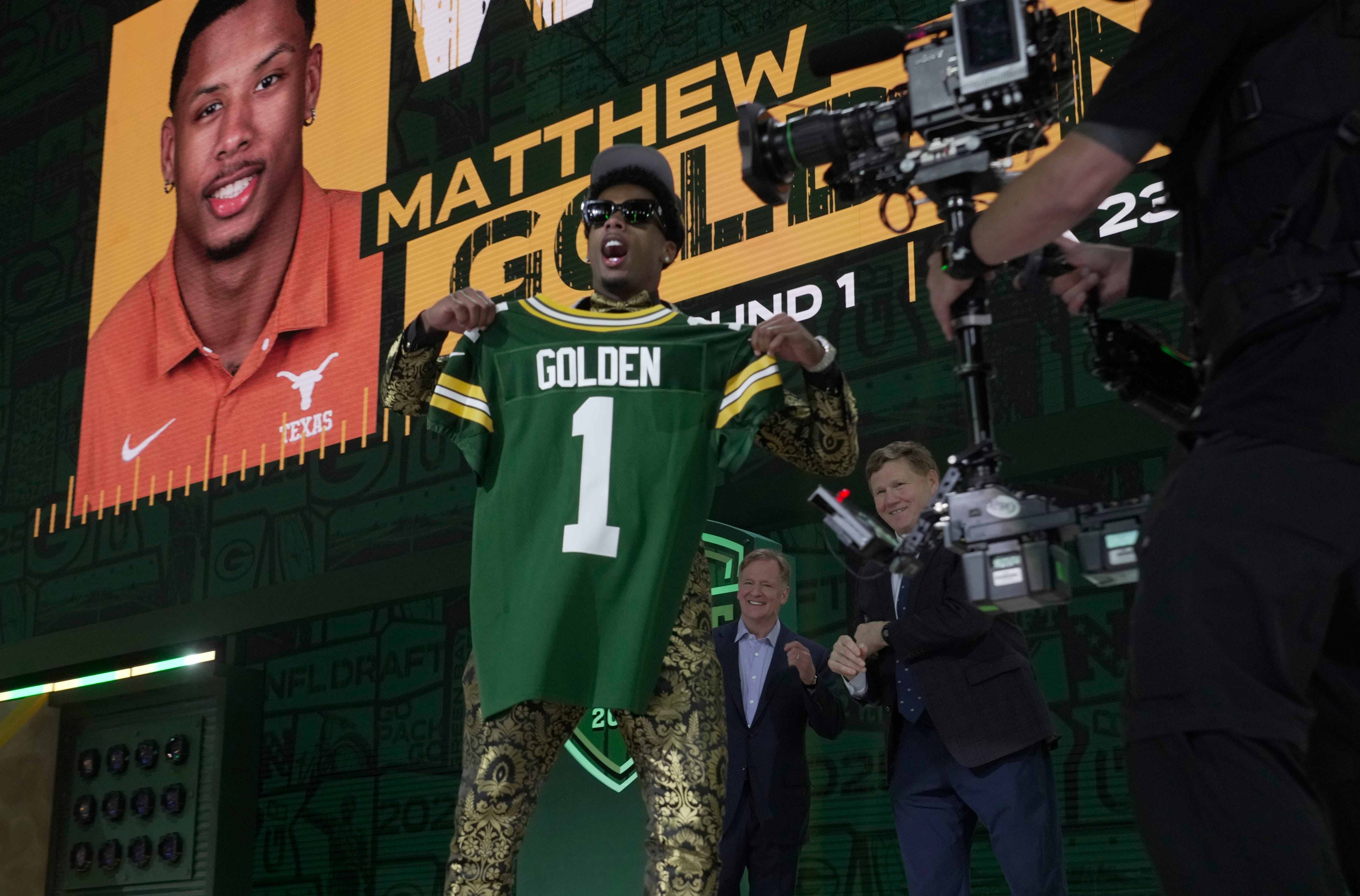Wide Receiver Matthew Golden of Texas poses after being selected twenty-third overall pick by the Green Bay Packers during the first round of the 2025 NFL Draft at Lambeau Field on April 24, 2025 in Green Bay.