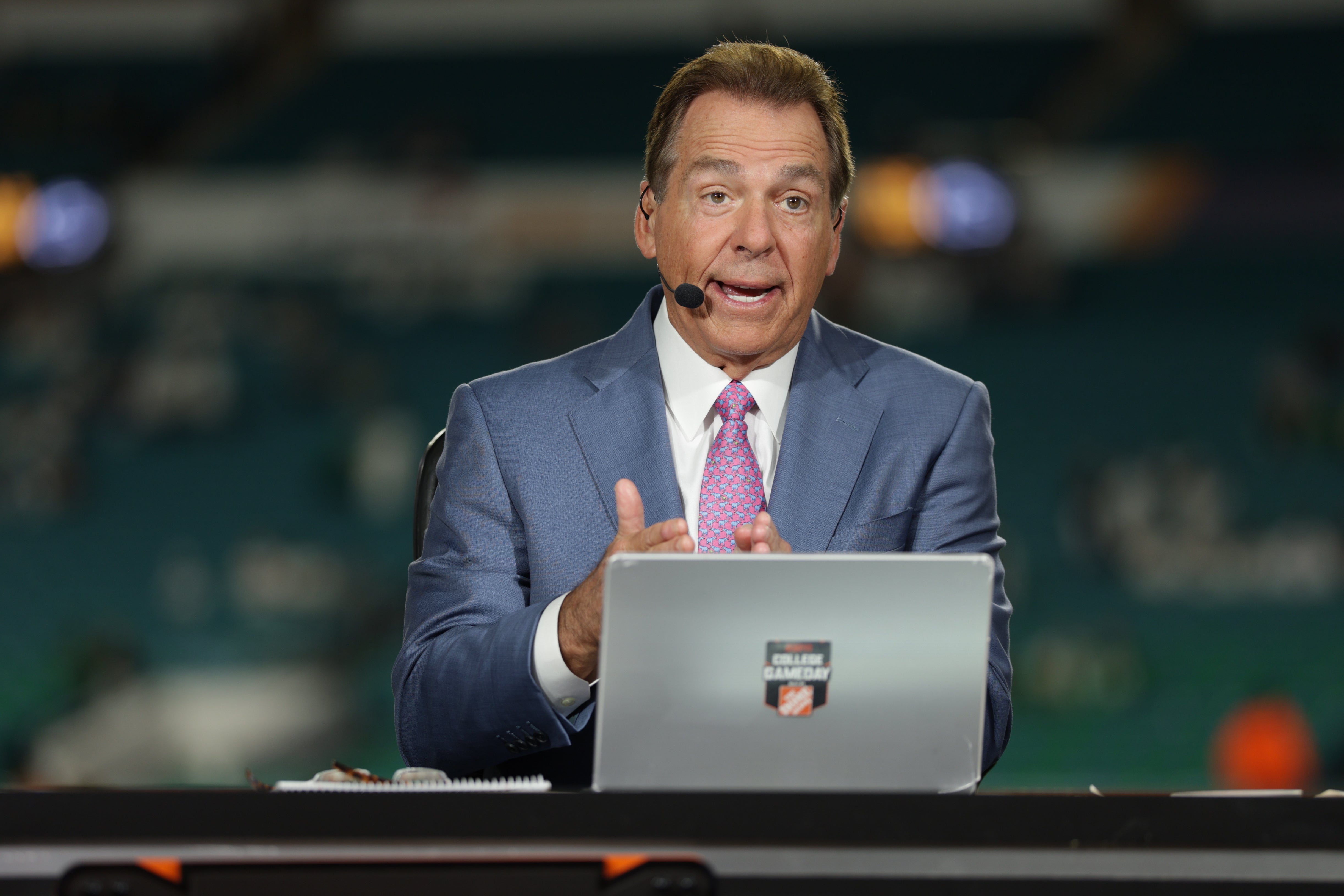 Jan 9, 2025; Miami, FL, USA; ESPN analyst Nick Saban before the game between the Notre Dame Fighting Irish and the Penn State Nittany Lions in the Orange Bowl at Hard Rock Stadium.