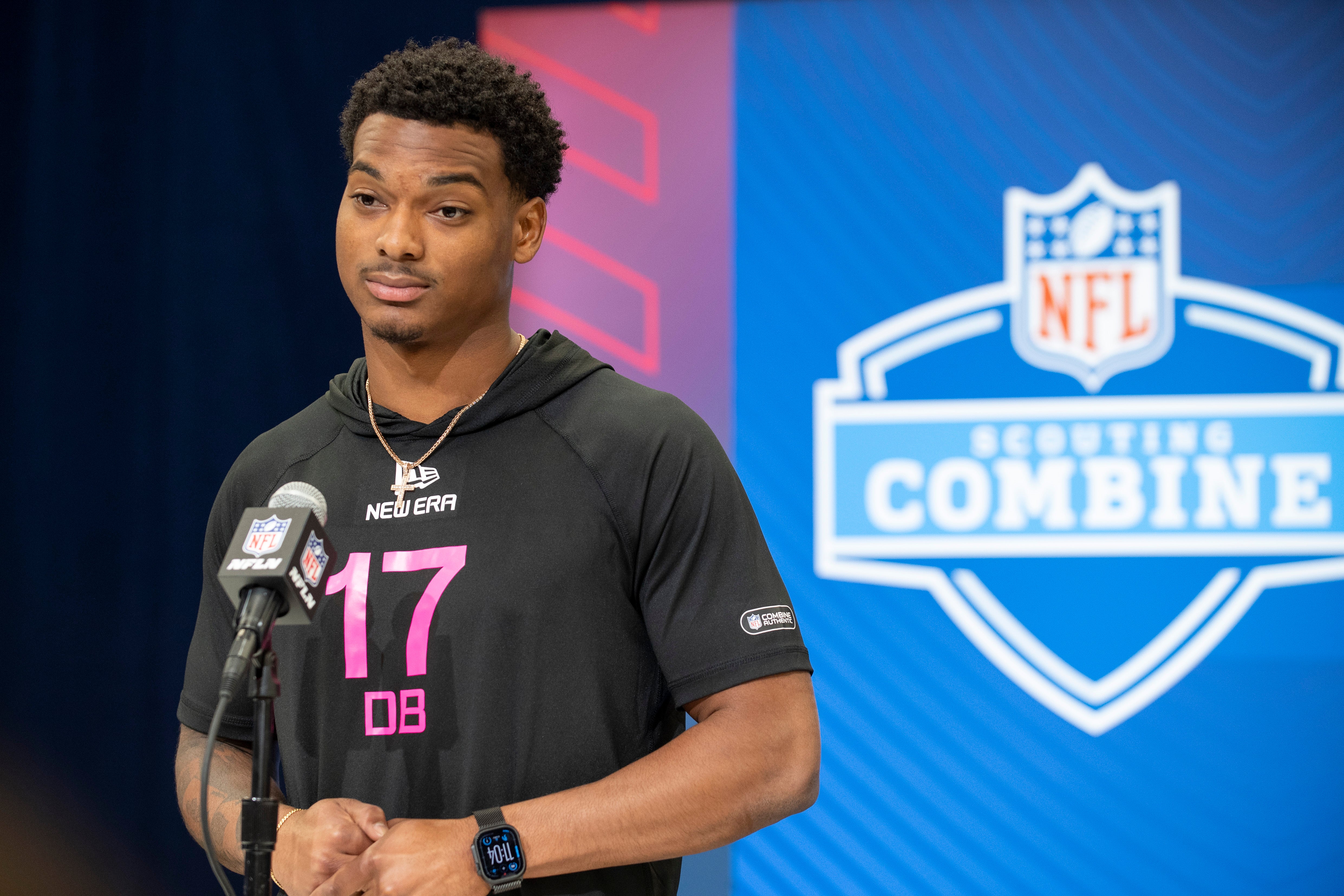 Michigan defensive back Will Johnson (DB17) during the 2025 NFL Combine at Lucas Oil Stadium.