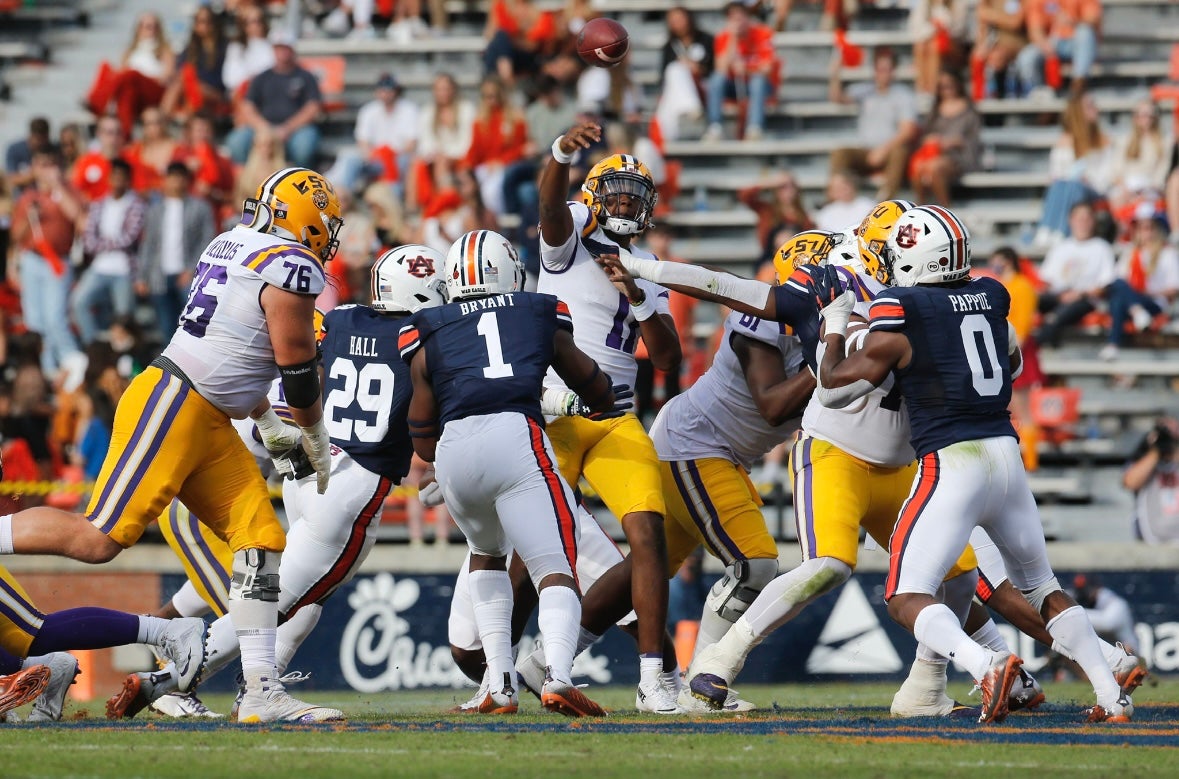 Oct 31, 2020; Auburn, Alabama, USA; LSU Tigers quarterback TJ Finley (10) throws a pass against the Auburn Tigers during the second quarter at Jordan-Hare Stadium. Mandatory Credit: John Reed-Imagn Images