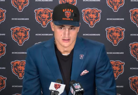 Colston Loveland addresses the media at Halas Hall after being selected by the Chicago Bears.