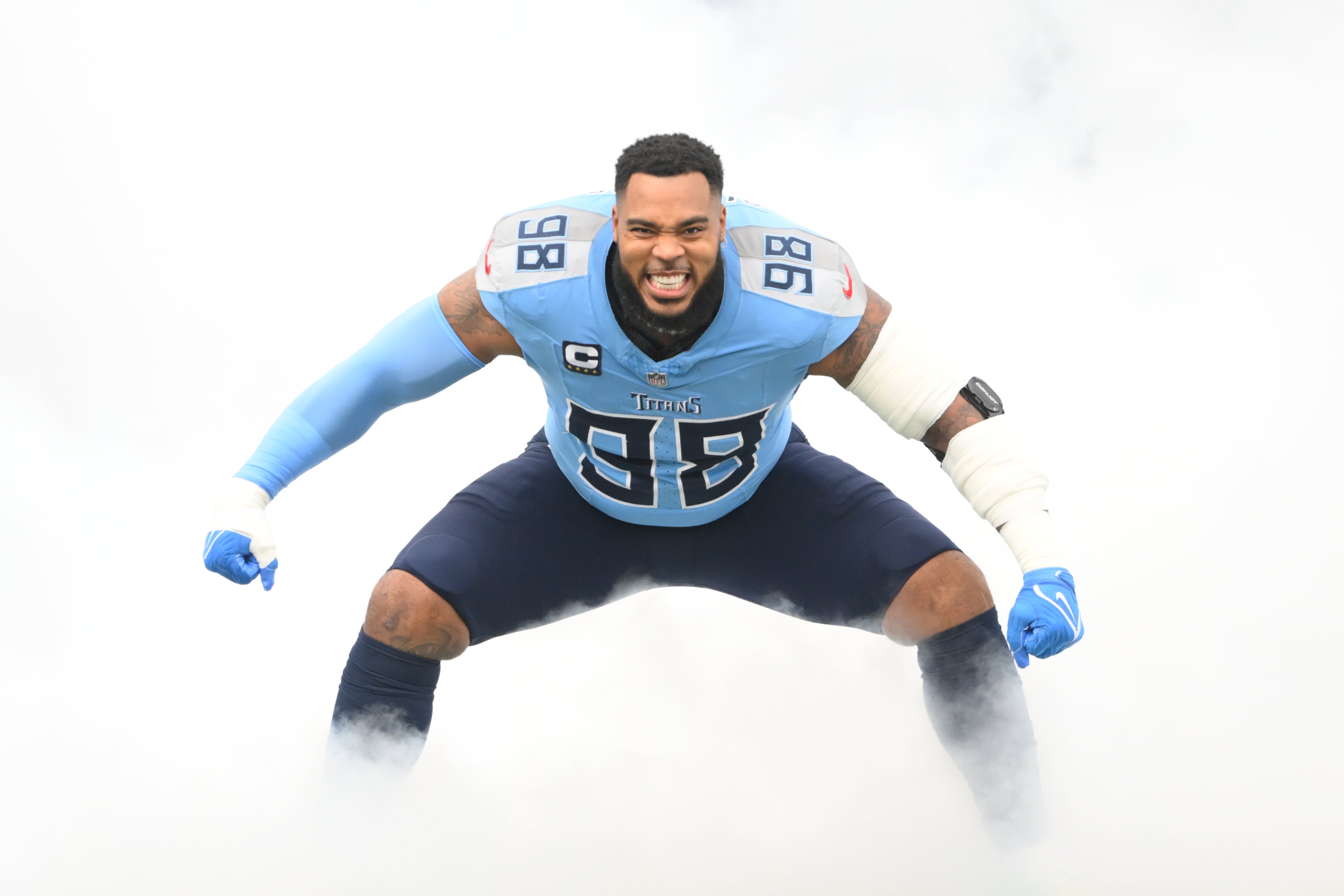 Dec 8, 2024; Nashville, Tennessee, USA; Tennessee Titans defensive tackle Jeffery Simmons (98) takes the field against the Jacksonville Jaguars during the first half at Nissan Stadium. Mandatory Credit: Steve Roberts-Imagn Images
