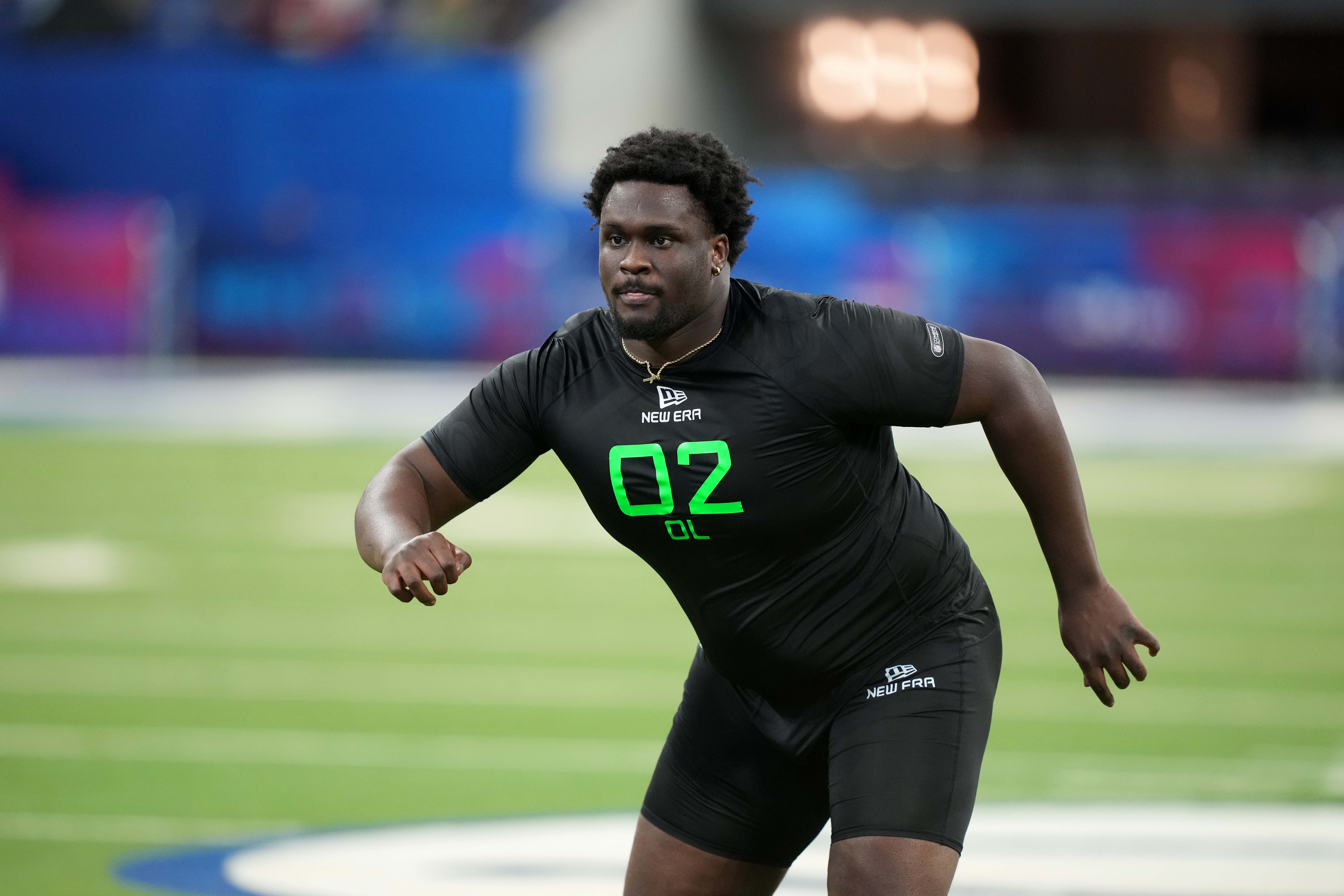 NC State offensive lineman Anthony Belton (OL02 during the 2025 NFL Scouting Combine at Lucas Oil Stadium.