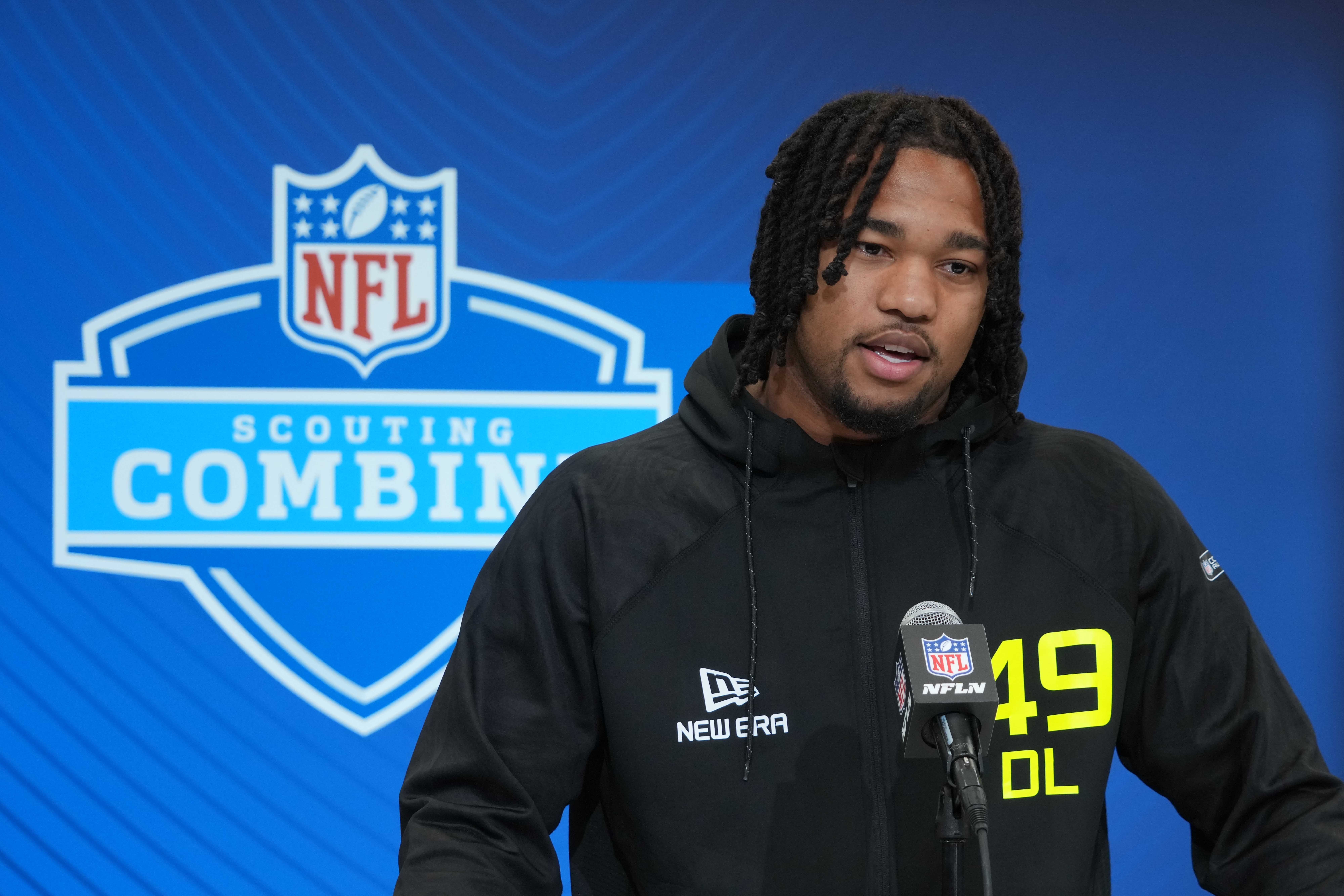 Feb 27, 2025; Indianapolis, IN, USA; Marshall defensive lineman Mike Green (DL49) during the 2025 NFL Scouting Combine at the Indiana Convention Center.