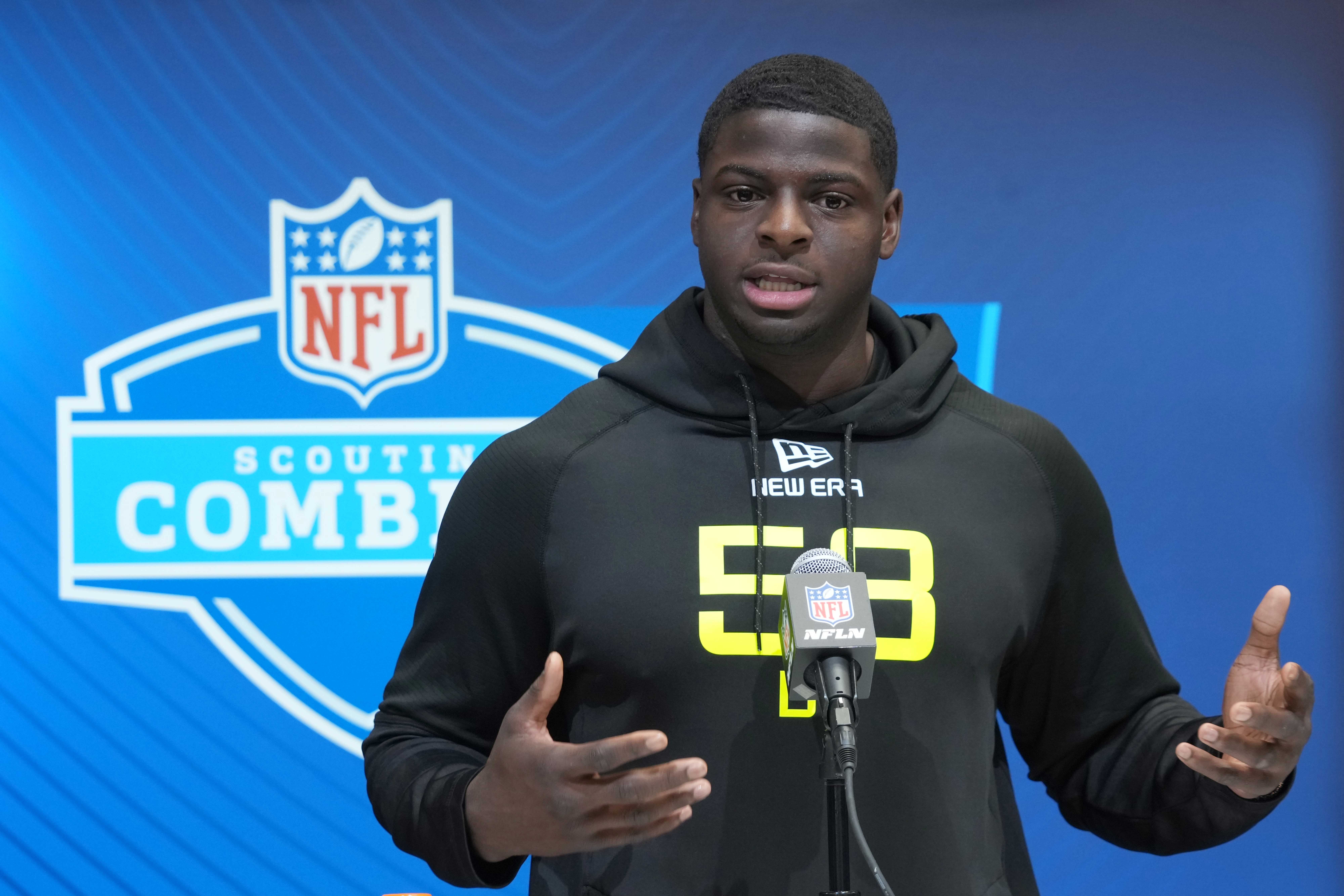 UCLA defensive lineman Oluwafemi Oladejo (DL58) during the 2025 NFL Scouting Combine at the Indiana Convention Center. Kirby Lee-Imagn Images