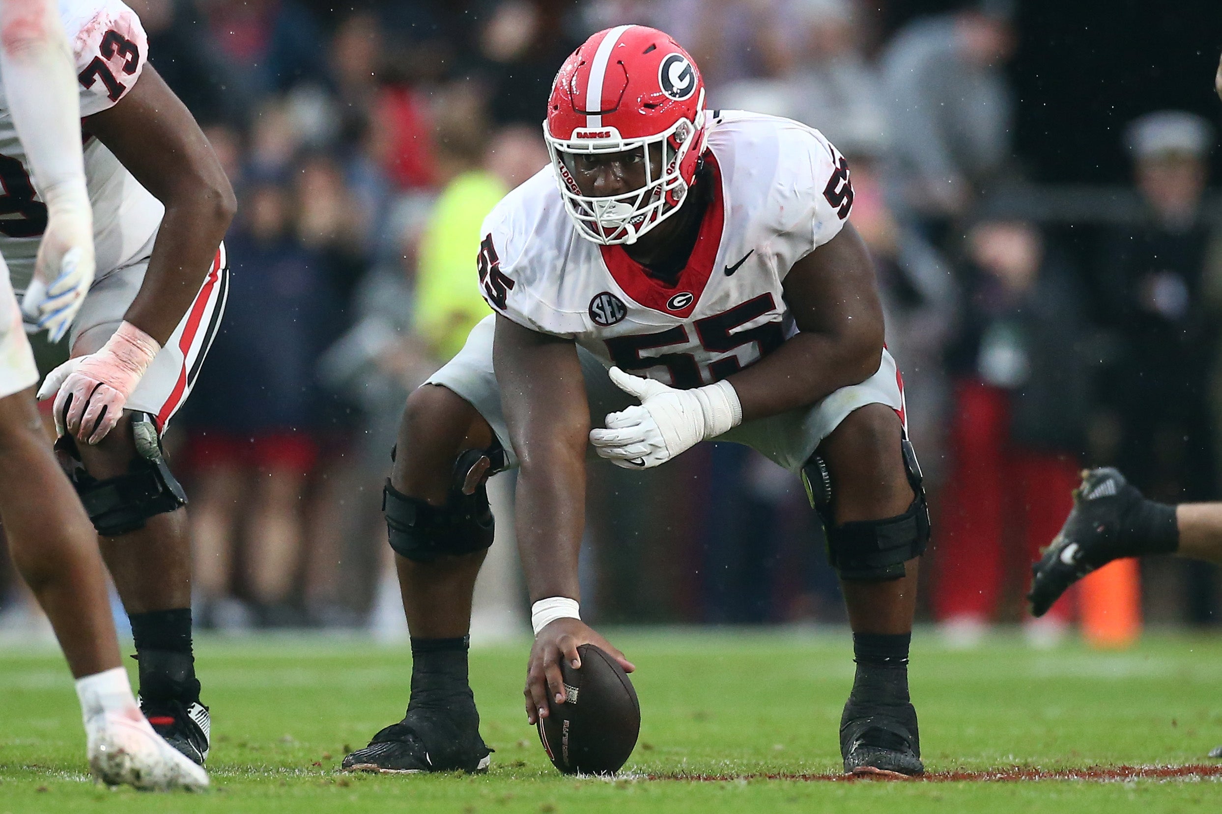 Nov 9, 2024; Oxford, Mississippi, USA; Georgia Bulldogs offensive lineman Jared Wilson (55) prepares to snap the ball during the first half against the Mississippi Rebels at Vaught-Hemingway Stadium
