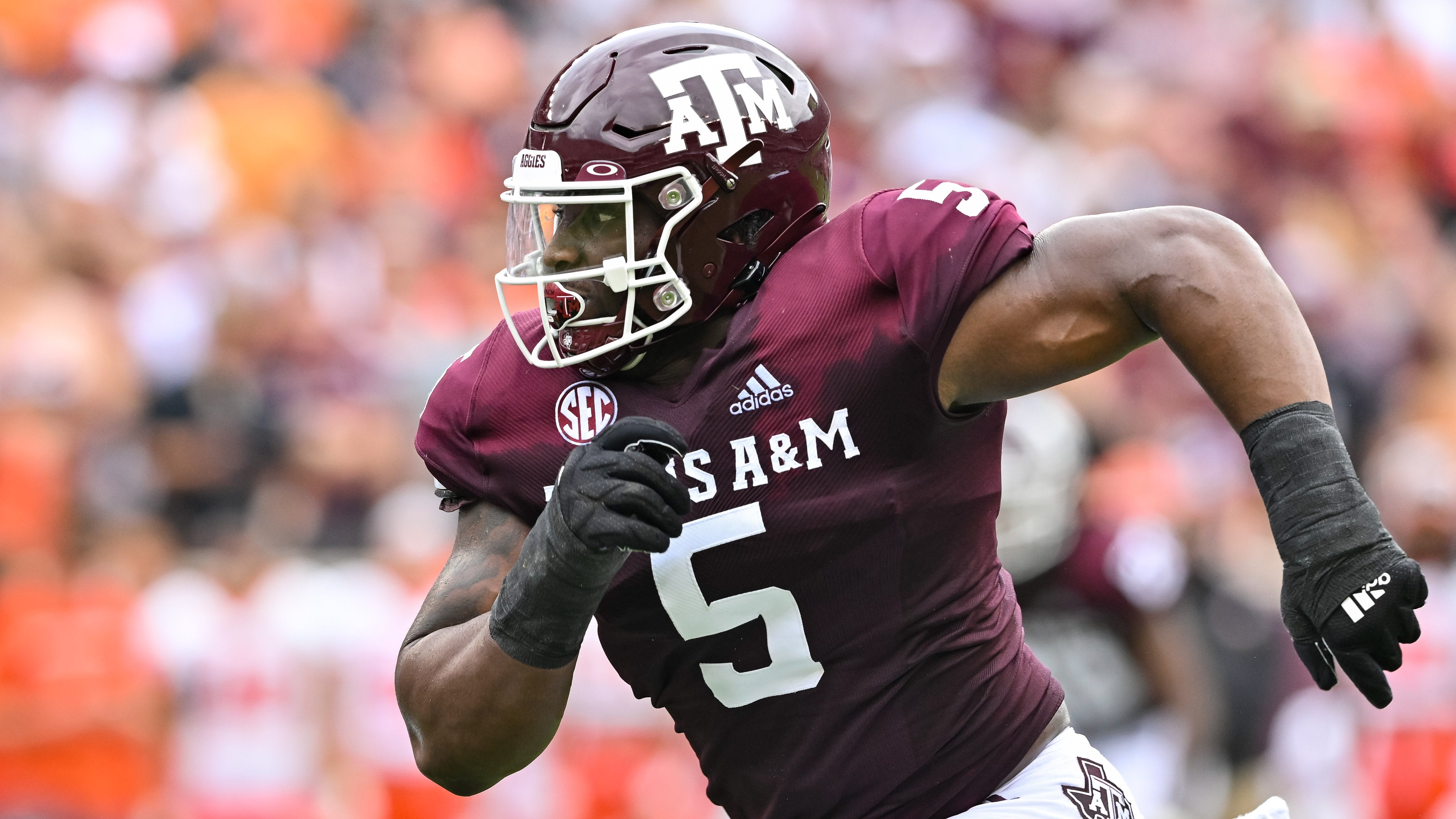 Sep 3, 2022; College Station, Texas, USA; Texas A&M Aggies defensive lineman Shemar Turner (5) in action during the first quarter against the Sam Houston State Bearkats at Kyle Field.
