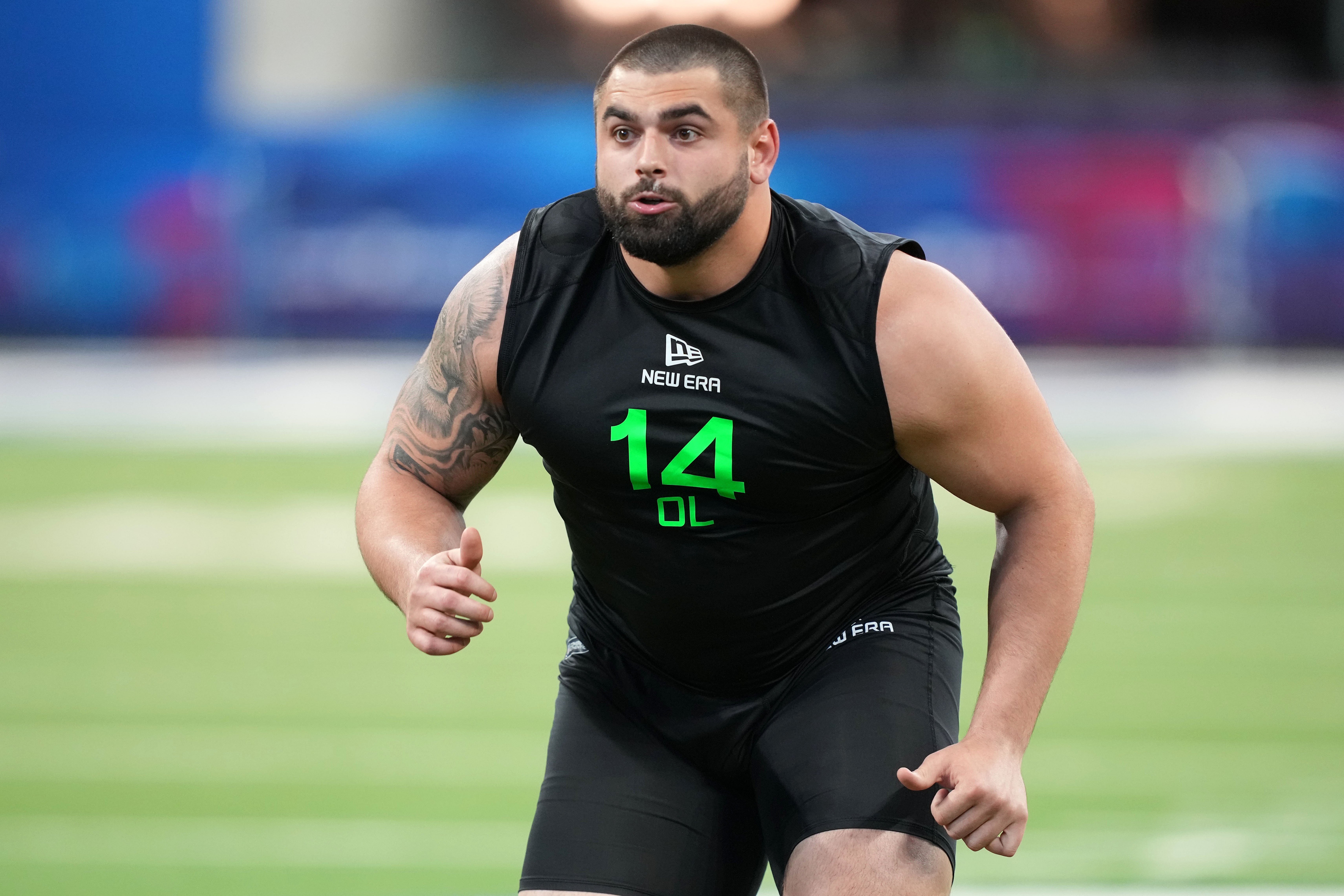 Mar 2, 2025; Indianapolis, IN, USA; Georgia offensive lineman Dylan Fairchild (OL14) during the 2025 NFL Combine at Lucas Oil Stadium.