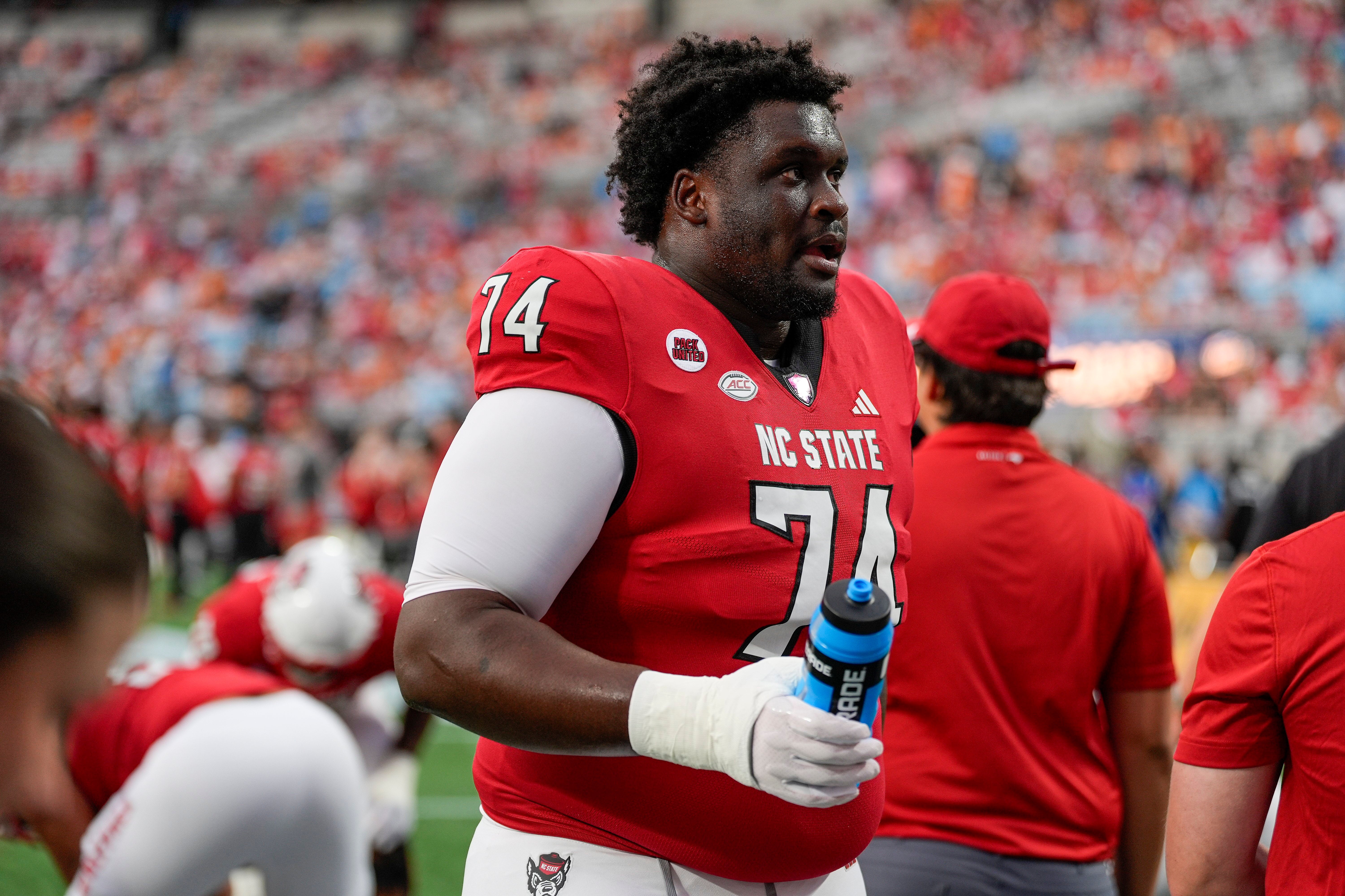 North Carolina State Wolfpack offensive tackle Anthony Belton (74) during pregame activities against the Tennessee Volunteers at the Dukes Mayo Classic at Bank of America Stadium.