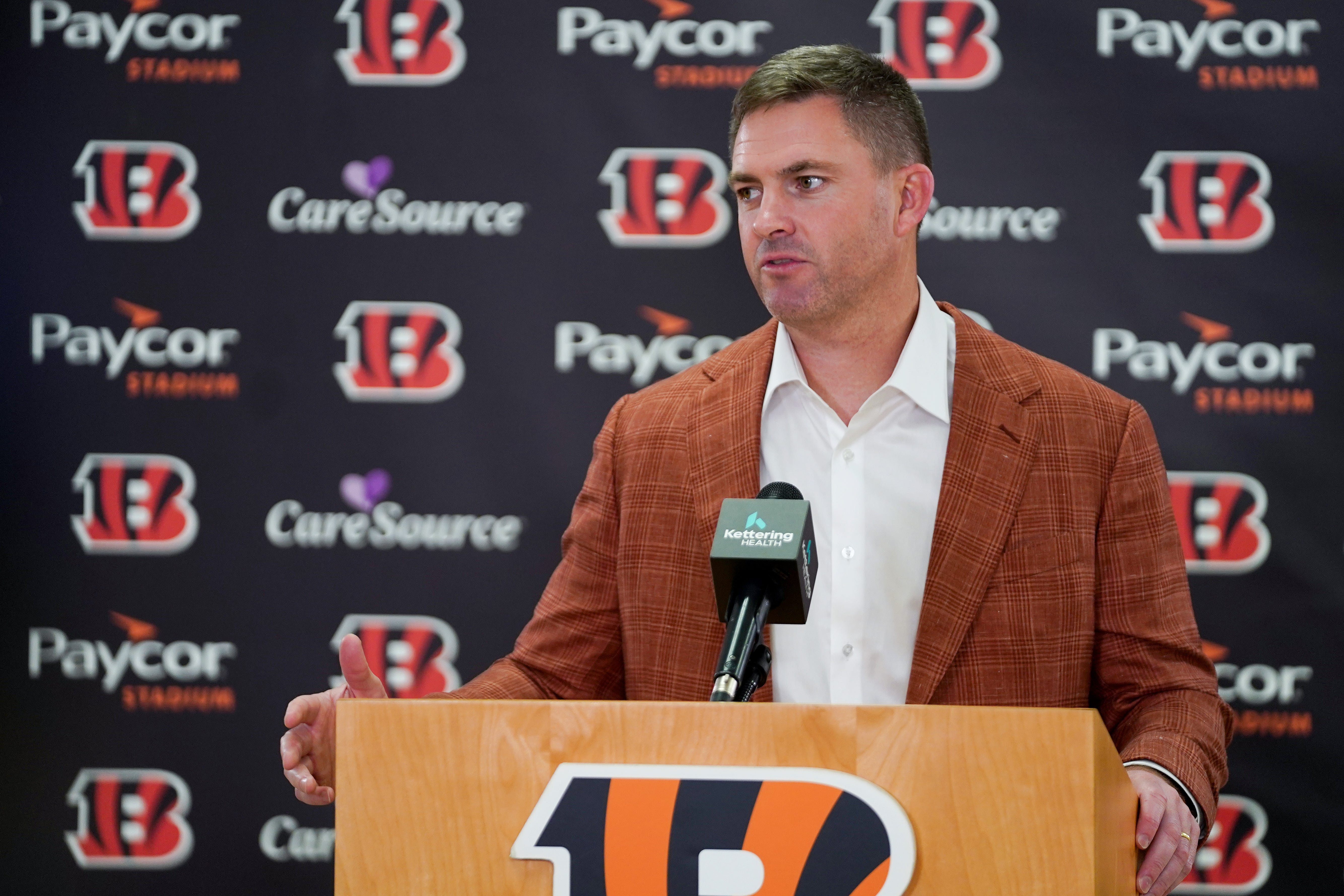 Cincinnati Bengals head coach Zac Taylor speaks during a press conference, Friday, April 25, 2025, at Paycor Stadium in Downtown Cincinnati.