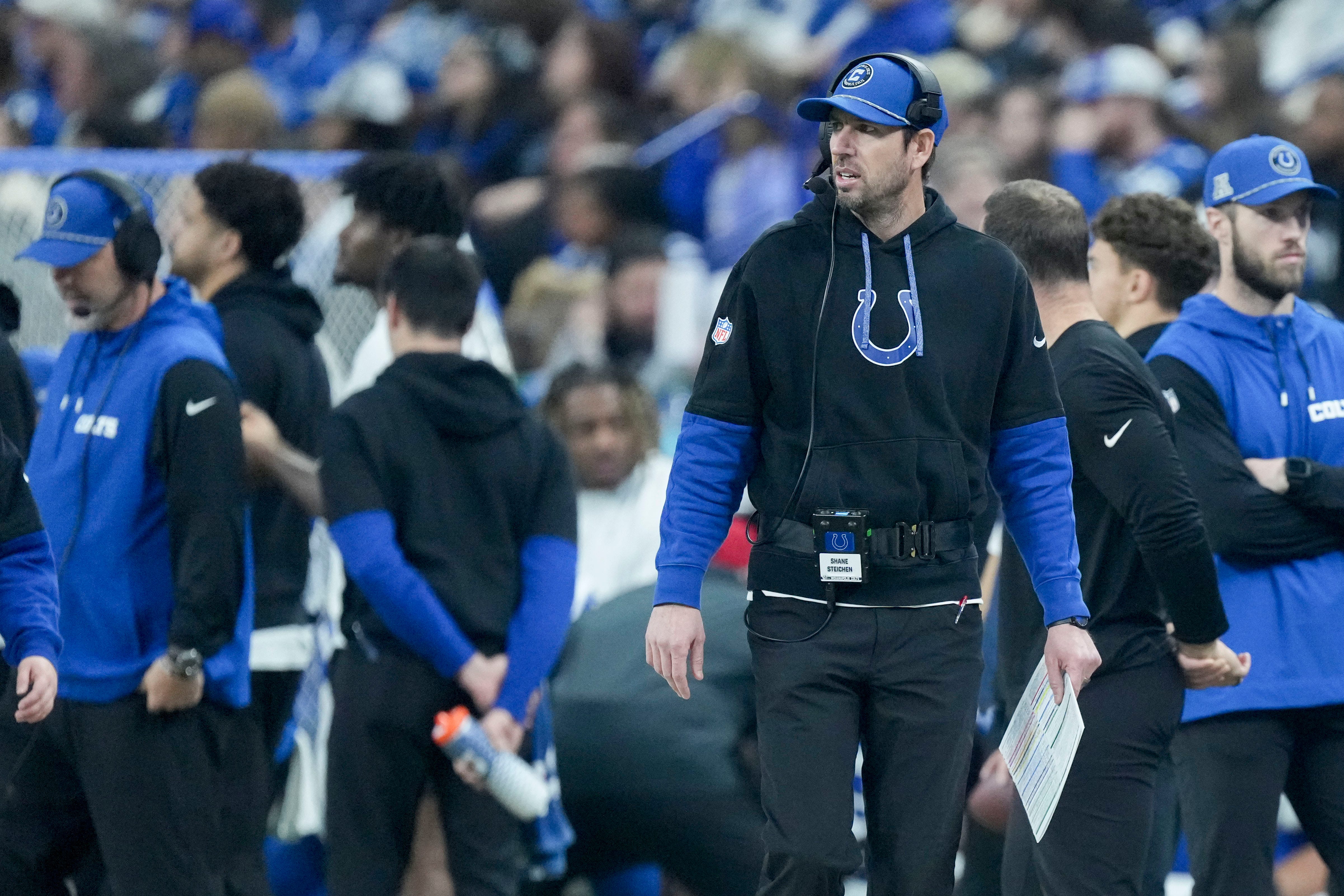 Indianapolis Colts Head Coach Shane Steichen looks out on the field Sunday, Jan. 5, 2025, during a game against the Jacksonville Jaguars at Lucas Oil Stadium in Indianapolis.