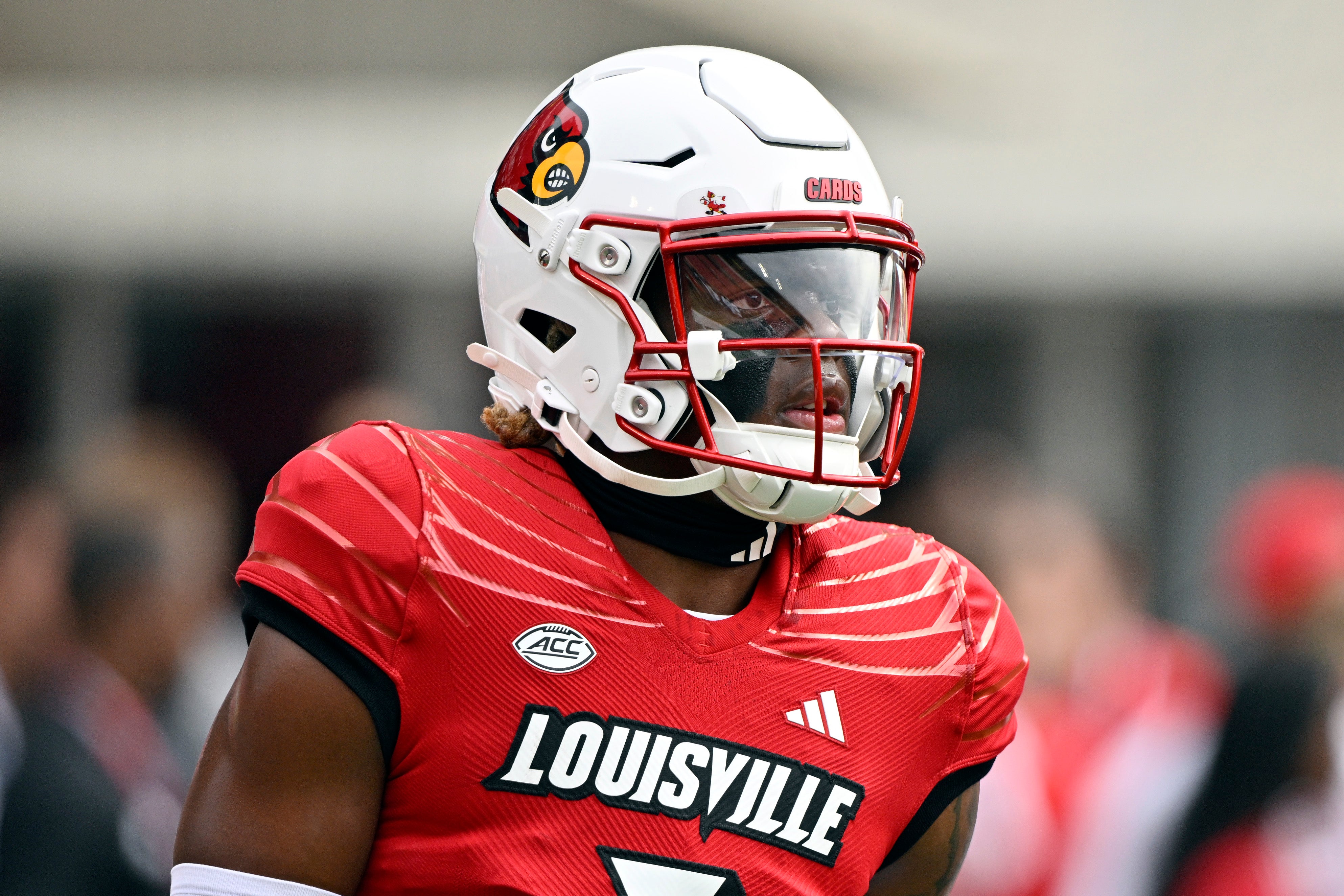 Aug 31, 2024; Louisville, Kentucky, USA; Louisville Cardinals defensive back Quincy Riley (3) watches during warmups before facing off against the Austin Peay Governors at L&N Federal Credit Union Stadium.