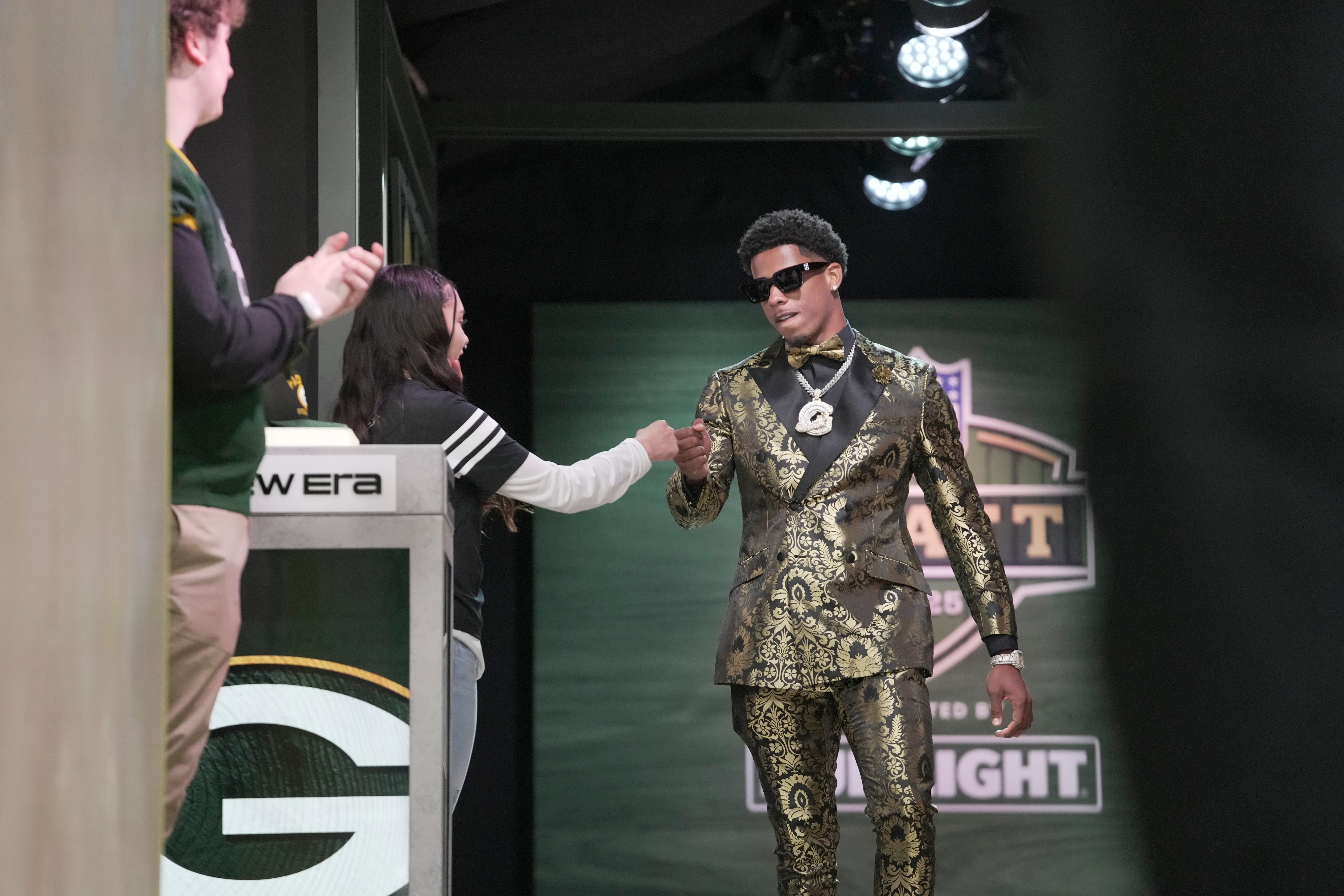 Wide receiver Matthew Golden of Texas heads to the stage after being selected as the 23rd overall pick by the Green Bay Packers during the first round of the 2025 NFL Draft at Lambeau Field on April 24, 2025, in Green Bay.