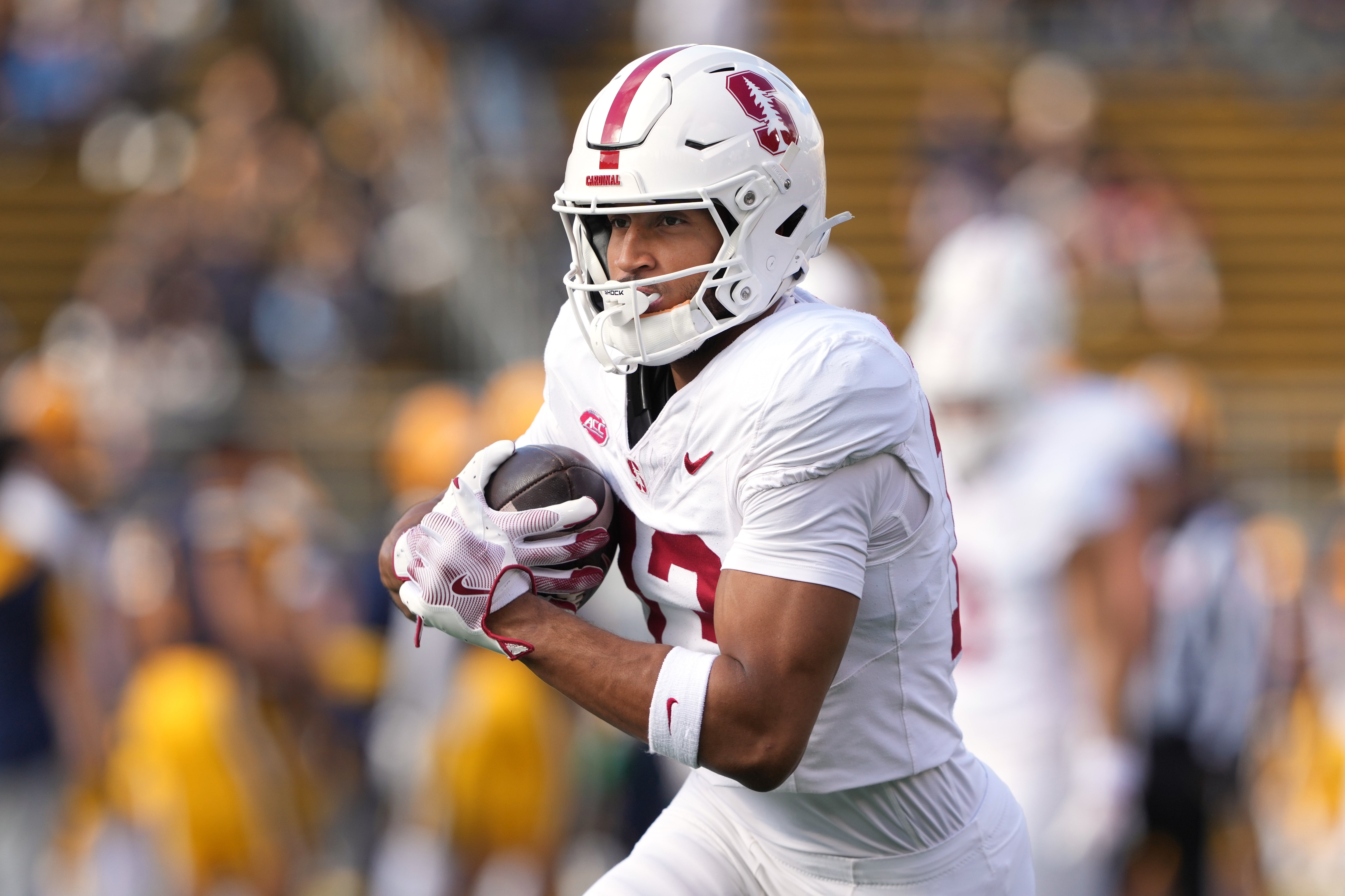 Stanford Cardinal wide receiver Elic Ayomanor (13) warms up before the game against the California Golden Bears at California Memorial Stadium. Darren Yamashita-Imagn Images
