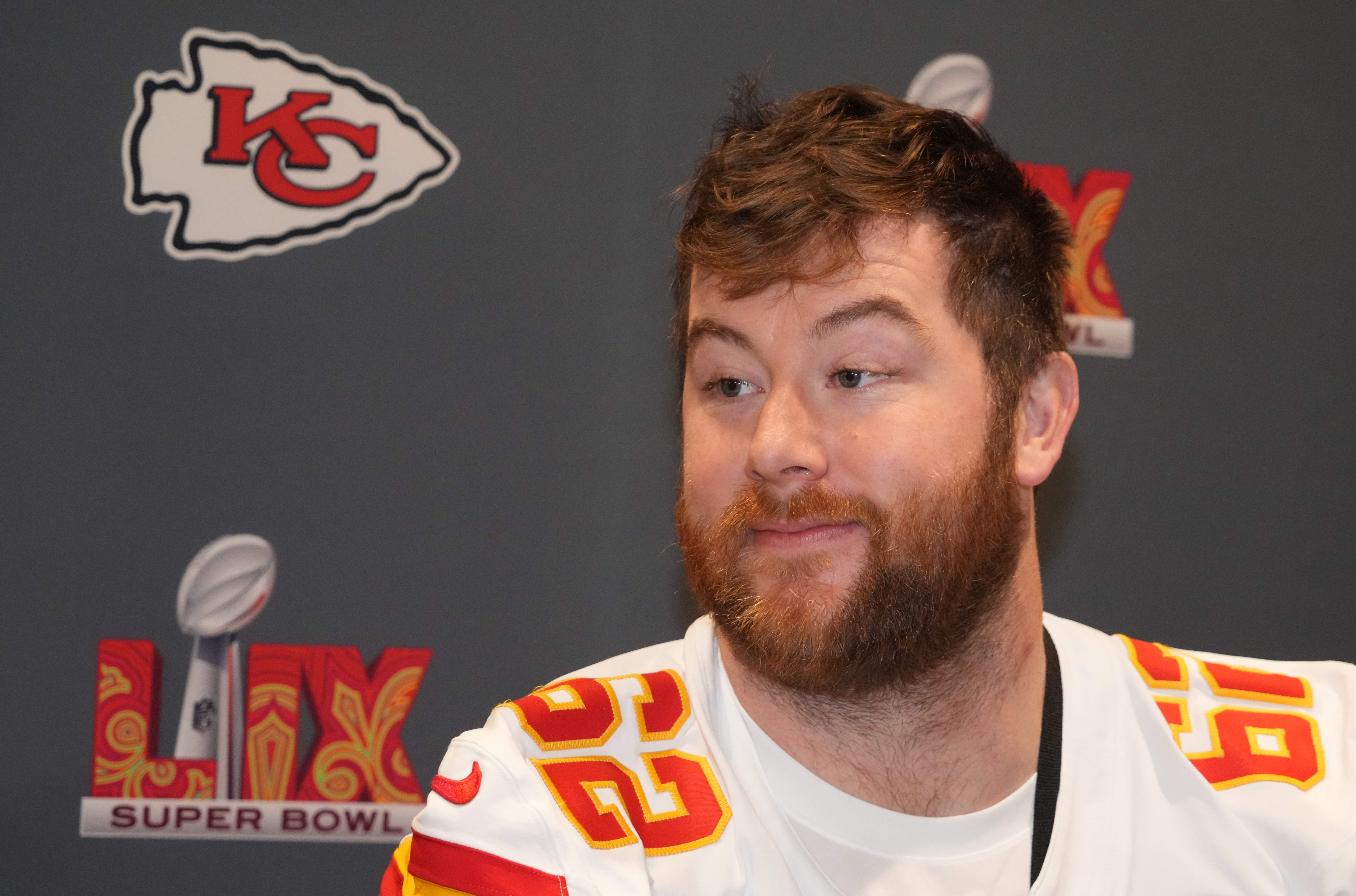 Feb 4, 2025; New Orleans, LA, USA; Kansas City Chiefs guard Joe Thuney (62) at a press conference in advance of Super Bowl LIX at New Orleans Marriott.