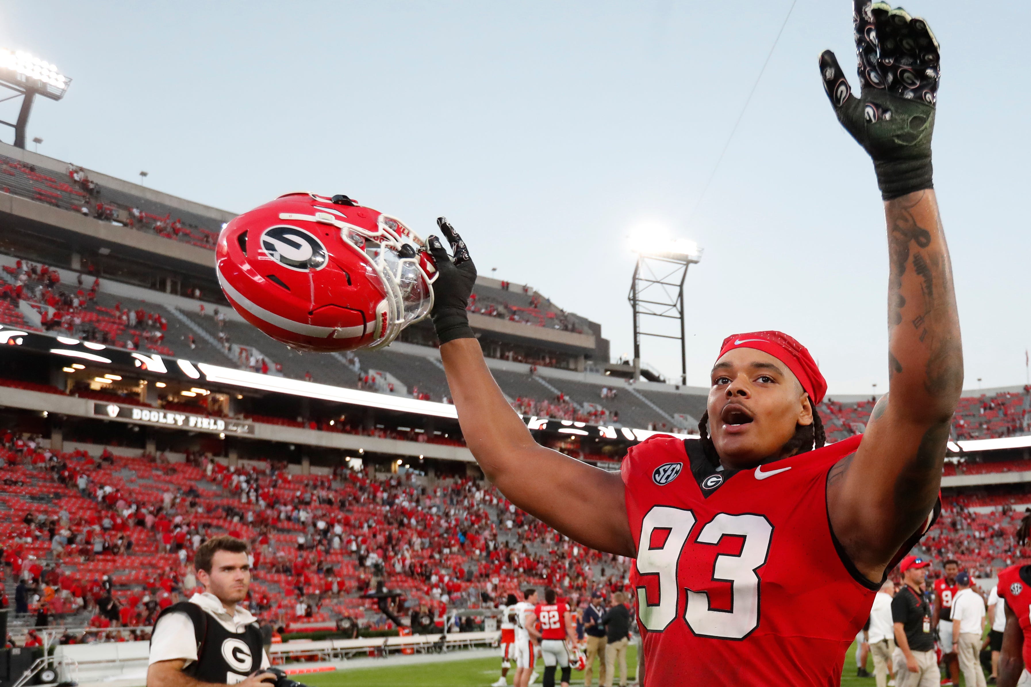 Georgia defensive lineman Tyrion Ingram-Dawkins (93) celebrates after winning a NCAA college football game against Auburn in Athens, Ga., on Saturday, Oct. 5, 2024. Georgia won 31-13.