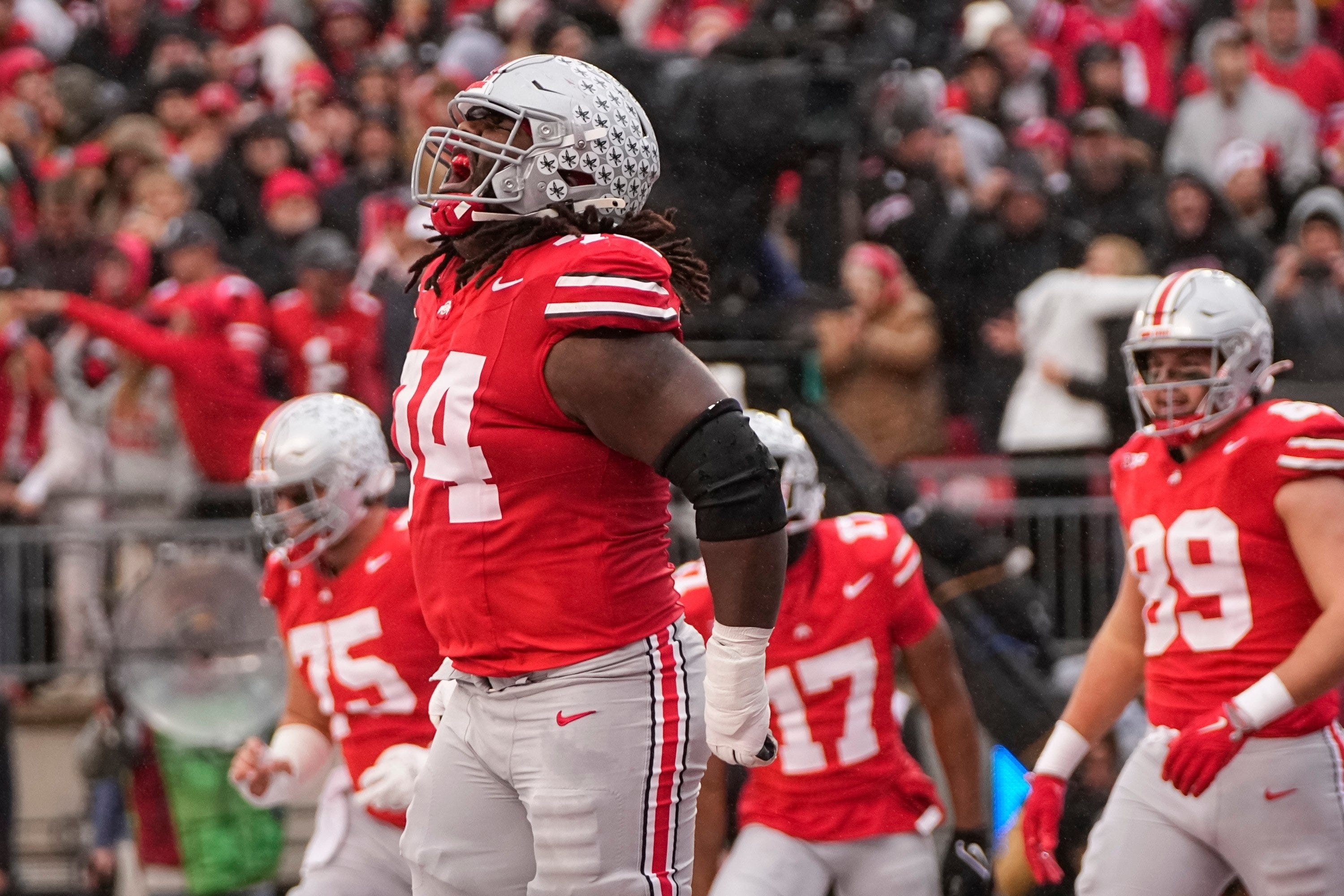 Ohio State offensive lineman Donovan Jackson (74) moved from guard to tackle this season following an injury to Josh Simmons.