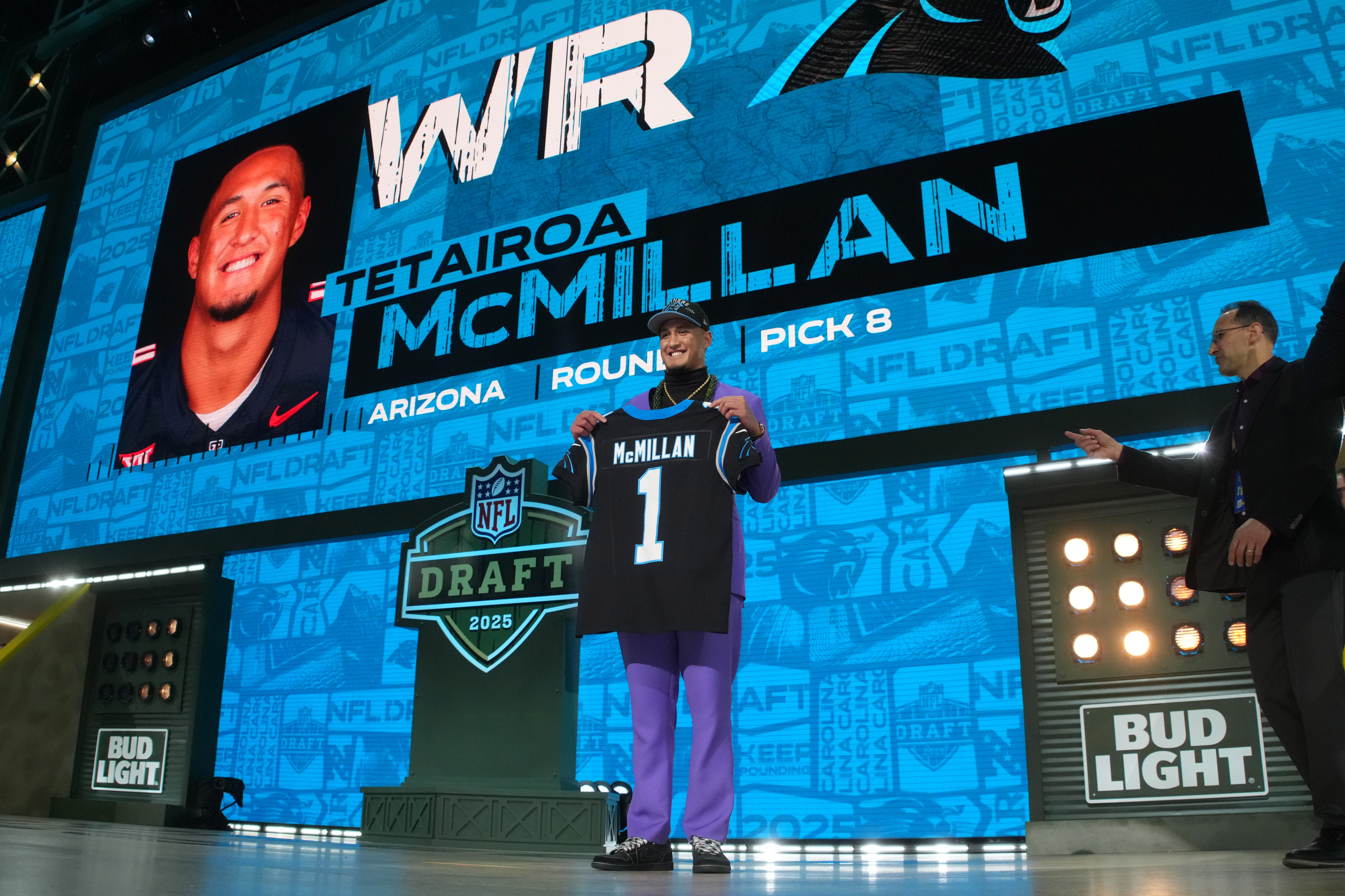 Apr 24, 2025; Green Bay, WI, USA; Arizona Wildcats wide receiver Tetairoa McMillan is selected by the Carolina Panthers as the number eight pick in the first round of the 2025 NFL Draft at Lambeau Field.