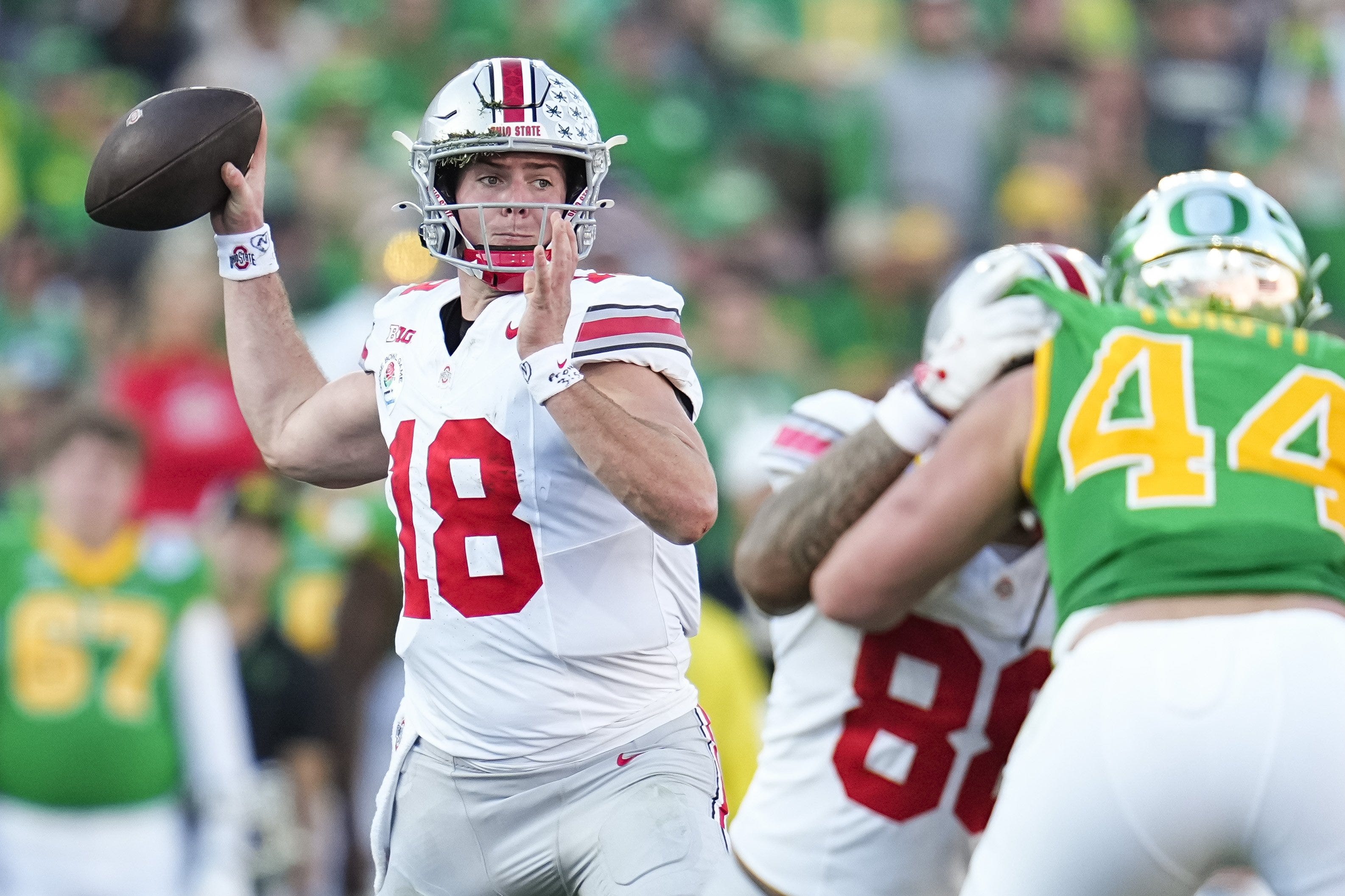 Ohio State Buckeyes quarterback Will Howard (18) throws during the first half of the College Football Playoff quarterfinal against the Oregon Ducks at the Rose Bowl in Pasadena, Calif. on Jan. 1, 2025.