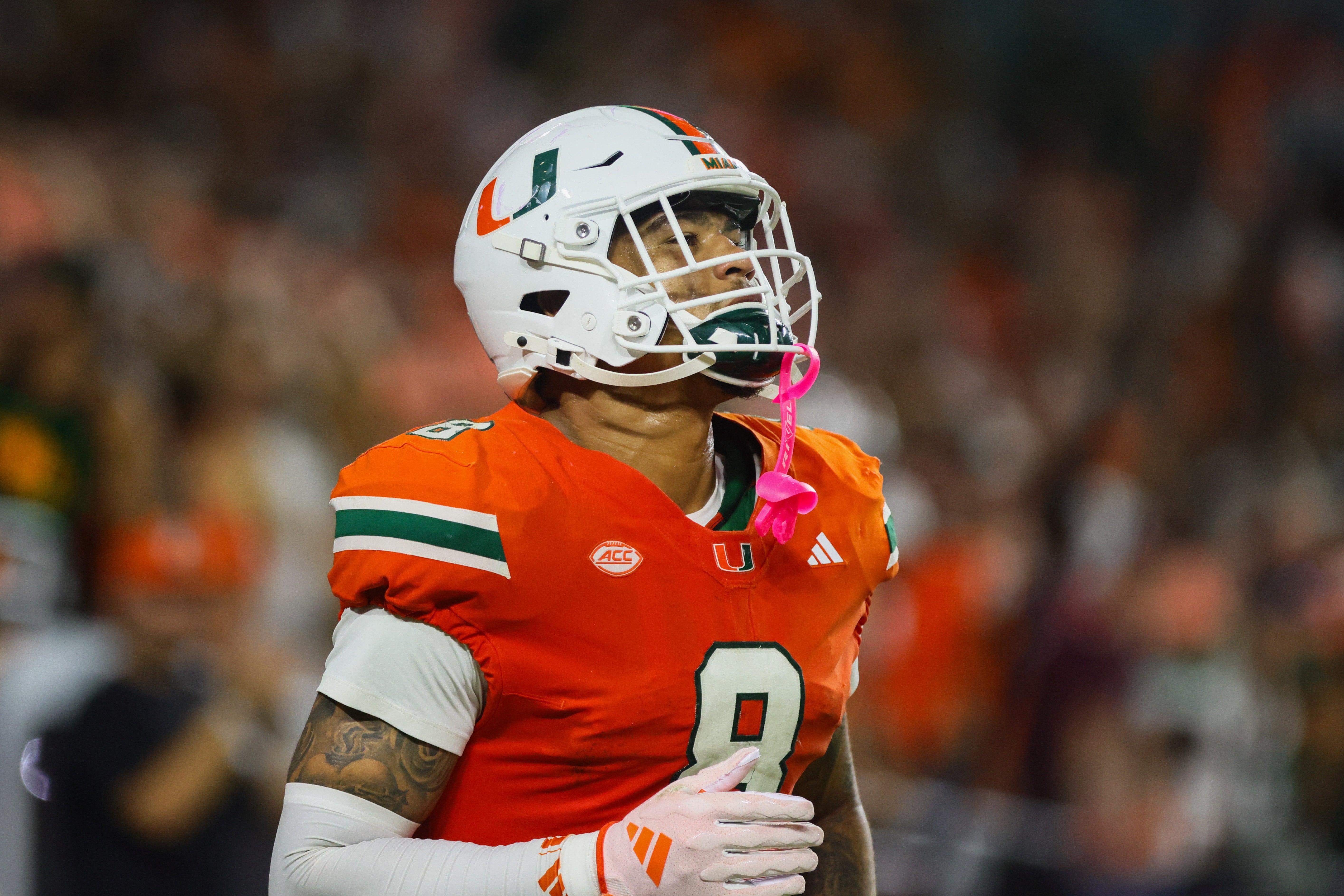 Sep 27, 2024; Miami Gardens, Florida, USA; Miami Hurricanes tight end Elijah Arroyo (8) looks on after scoring a touchdown against the Virginia Tech Hokies during the first quarter at Hard Rock Stadium.