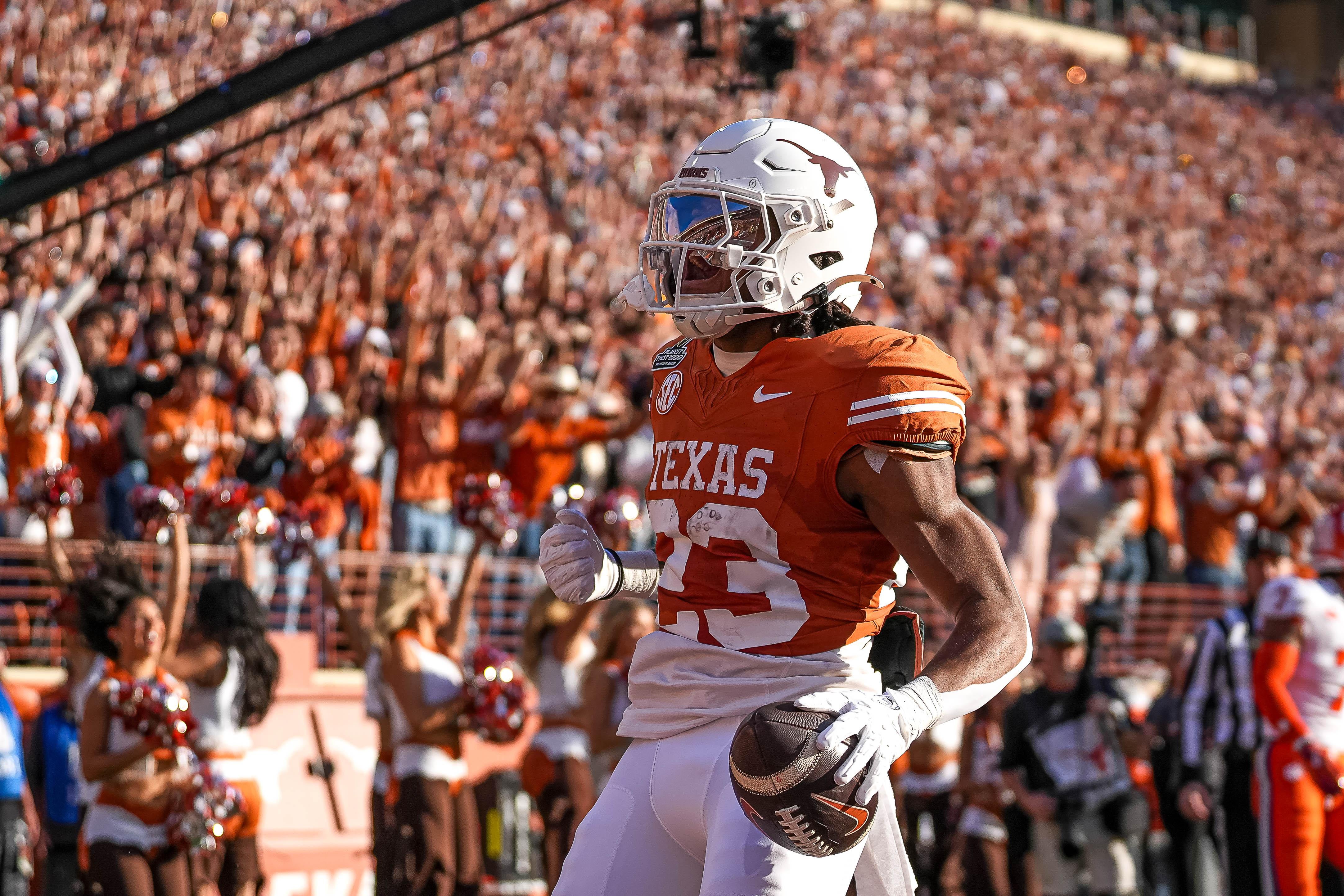 Texas Longhorns running back Jaydon Blue (23) celebrates a touchdown during the game against Clemson in the first round of the College Football Playoffs at Darrell K Royal-Texas Memorial Stadium on Saturday, Dec. 21, 2024.