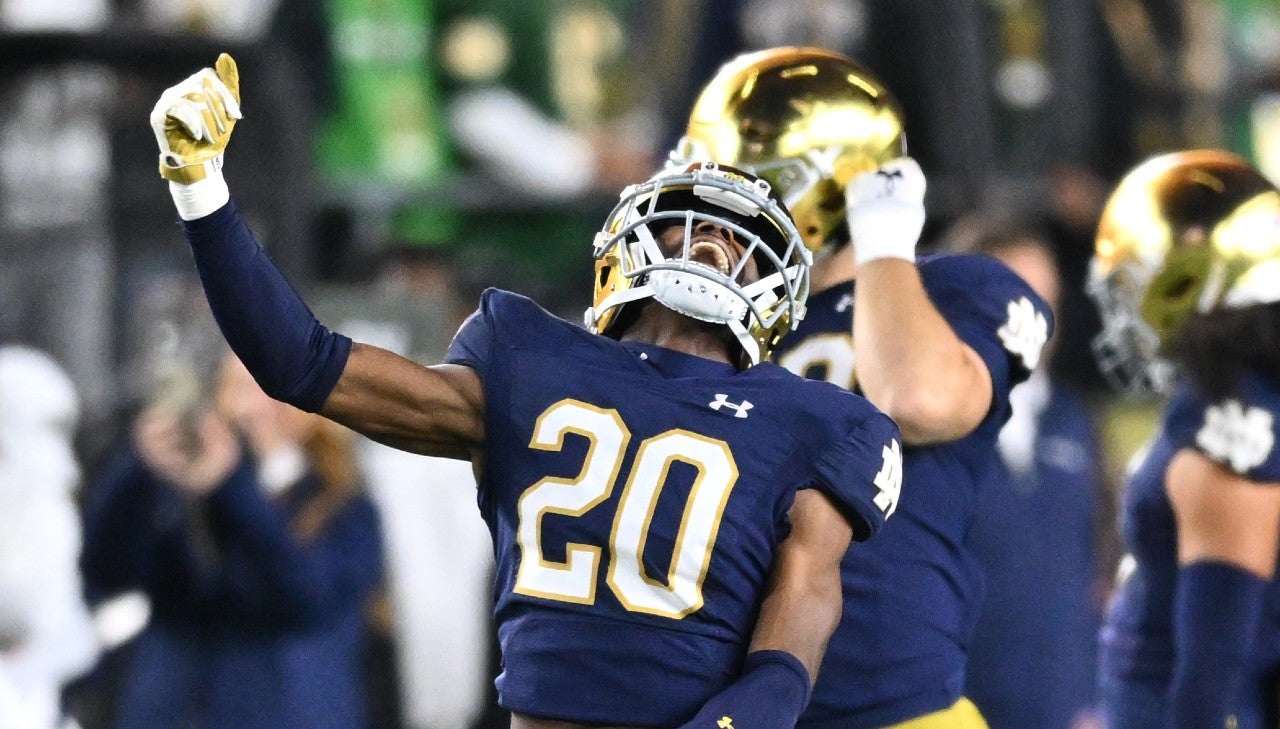 Oct 14, 2023; South Bend, Indiana, USA; Notre Dame Fighting Irish cornerback Benjamin Morrison (20) celebrates after an interception in the second quarter against the USC Trojans at Notre Dame Stadium.