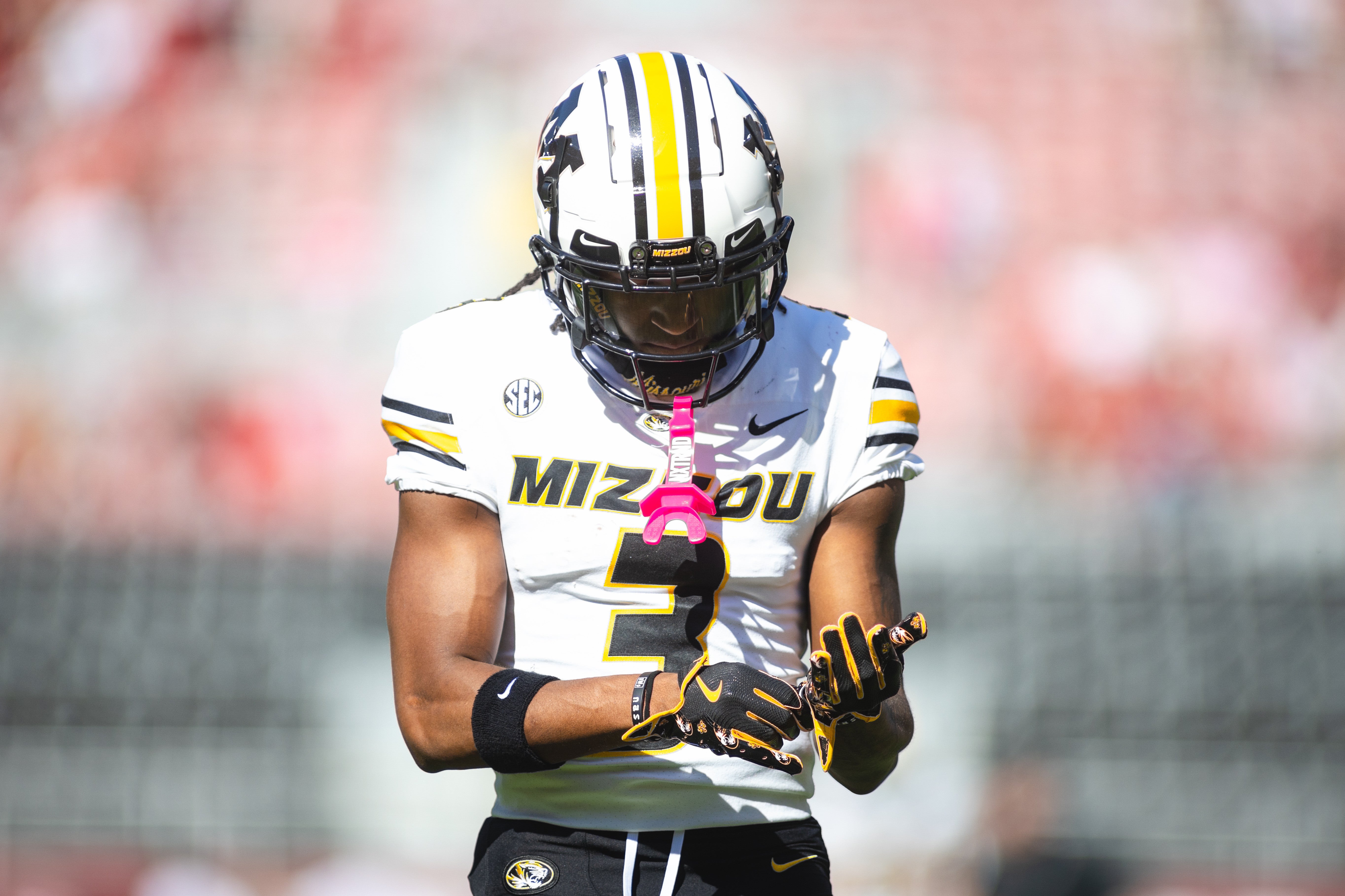 Oct 26, 2024; Tuscaloosa, Alabama, USA; Missouri Tigers wide receiver Luther Burden III (3) walks along the field during warmups before a game against the Alabama Crimson Tide at Bryant-Denny Stadium.