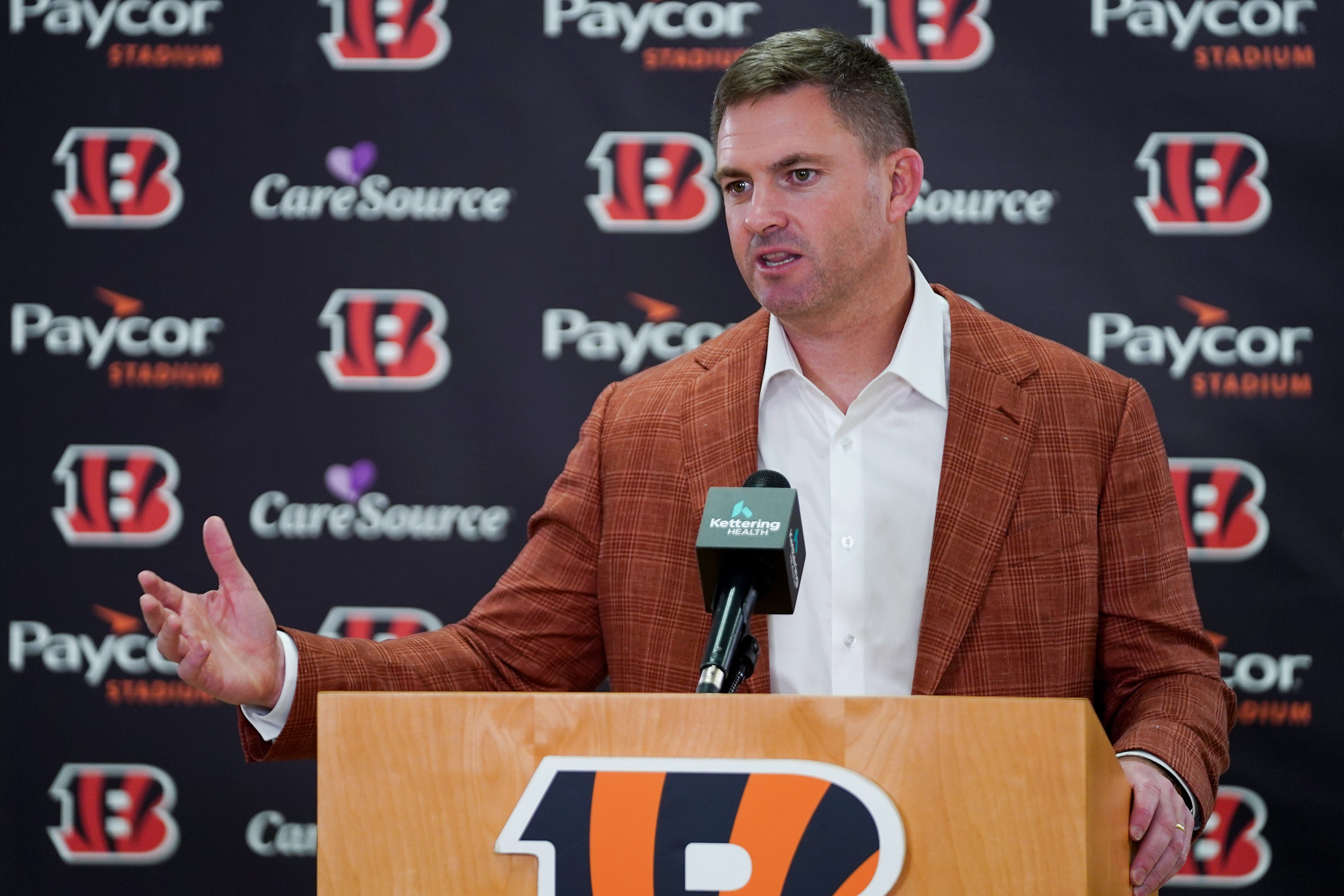 Cincinnati Bengals head coach Zac Taylor speaks during a press conference, Friday, April 25, 2025, at Paycor Stadium in Downtown Cincinnati.  