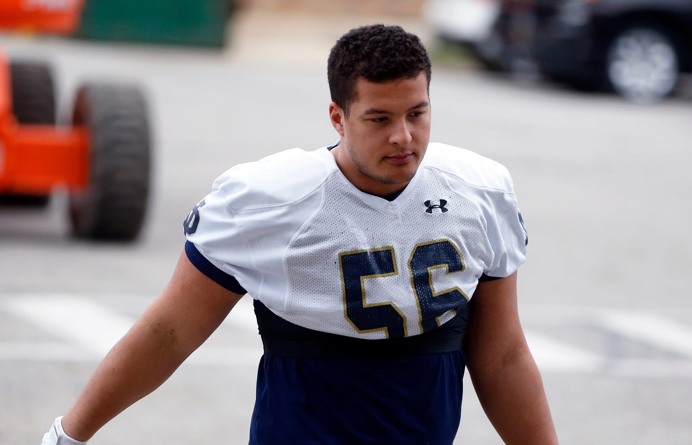 Notre Dame graduate senior Howard Cross III walks into practice Thursday, March 7, 2024, at the Irish Athletics Center in South Bend.  