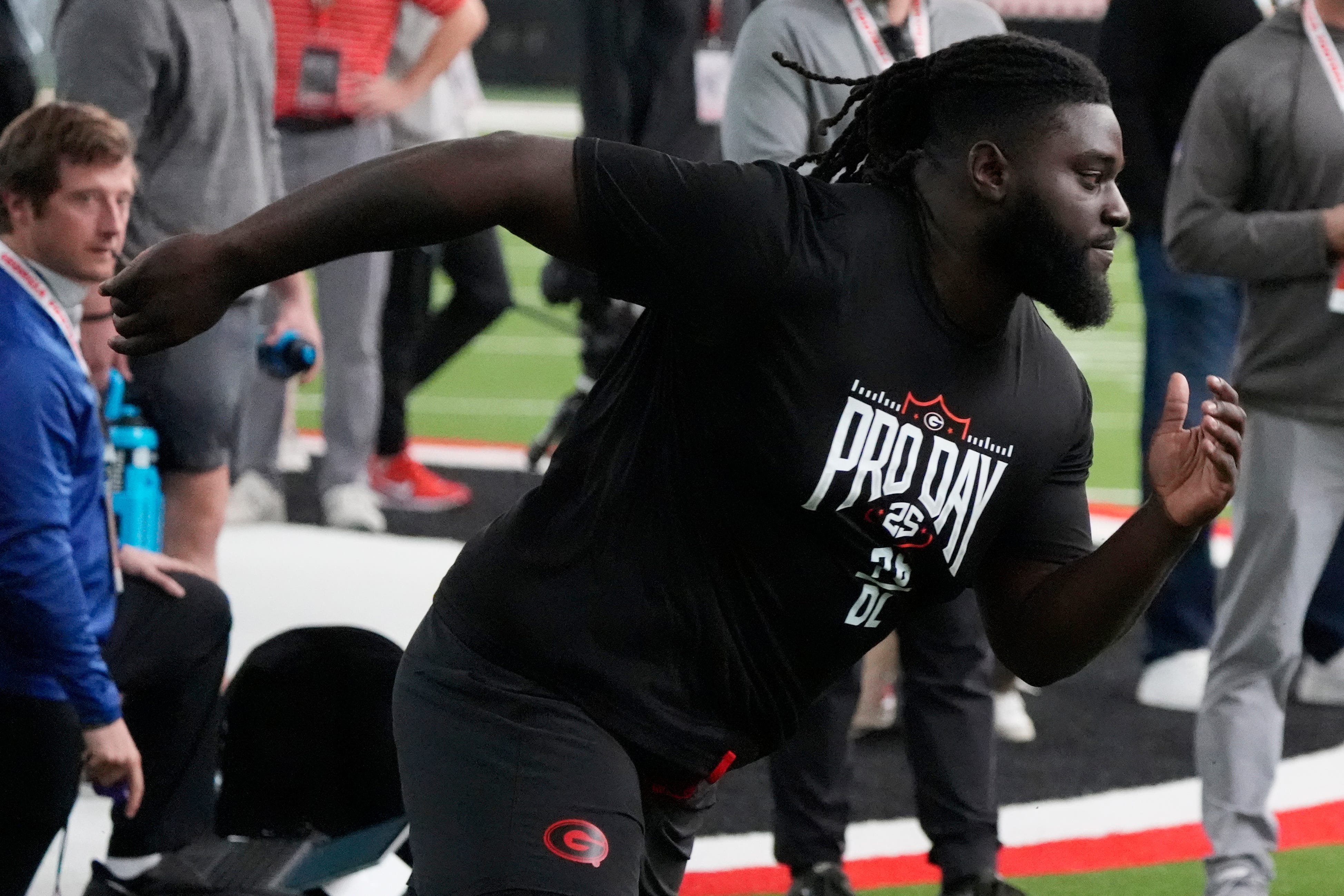 Former Georgia defensive lineman Nazir Stackhouse (78) runs a drill during UGA Footballs Pro Day in Athens, Ga., on Wednesday, March 12, 2025. Representatives from all 32 NFL teams are on hand to watch former UGA football players in action.