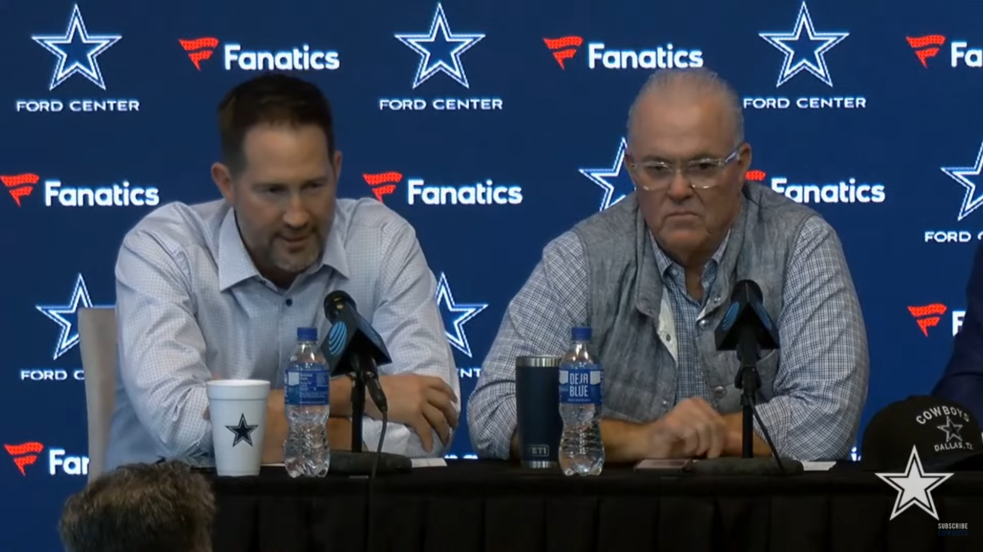 Dallas Cowboys HC Brian Schottenheimer and Stephen Jones following 2025 NFL Draft.