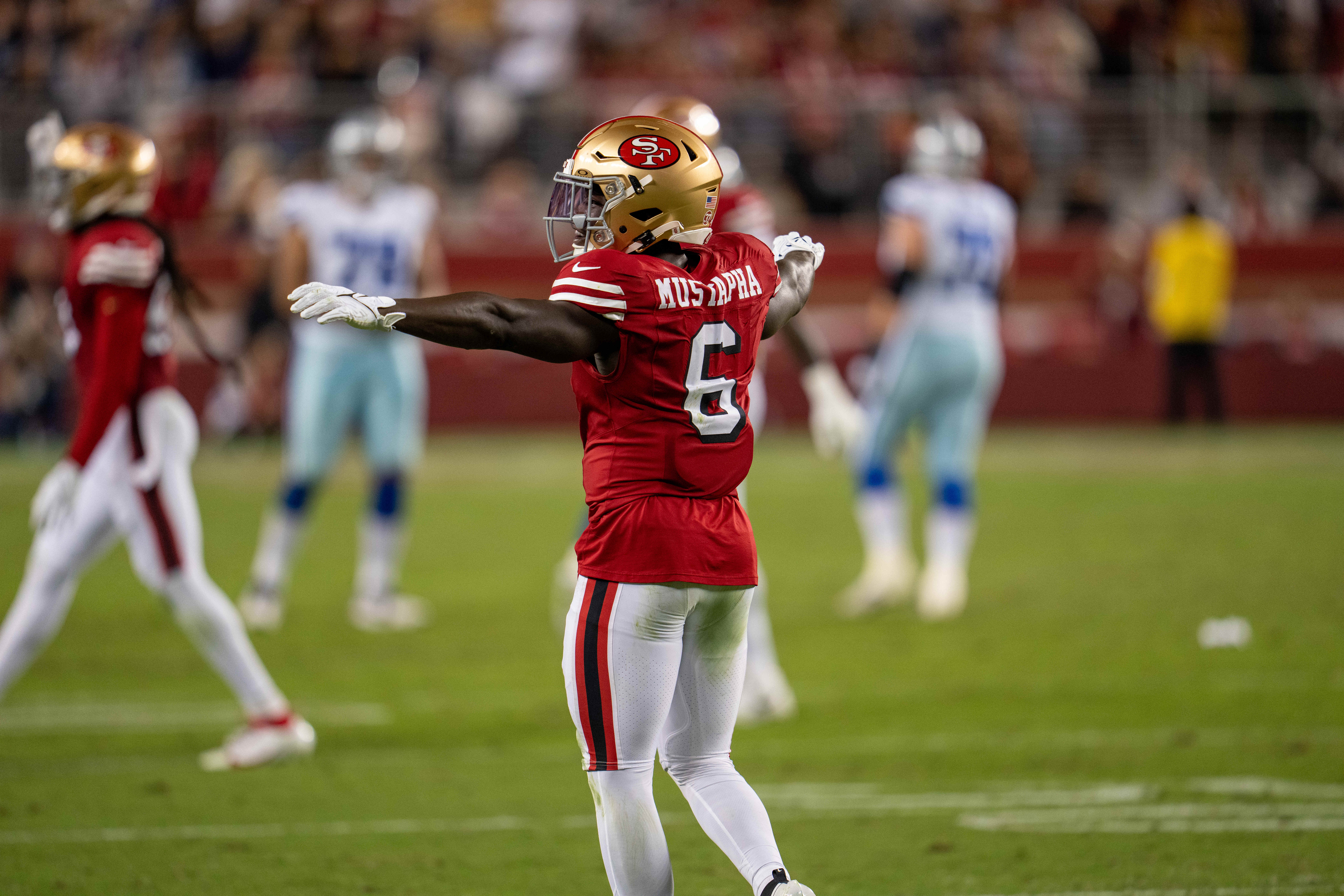 San Francisco 49ers safety Malik Mustapha (6) celebrates after Dallas Cowboys quarterback Dak Prescott (not pictured) pass is incomplete during the third quarter at Levi's Stadium.