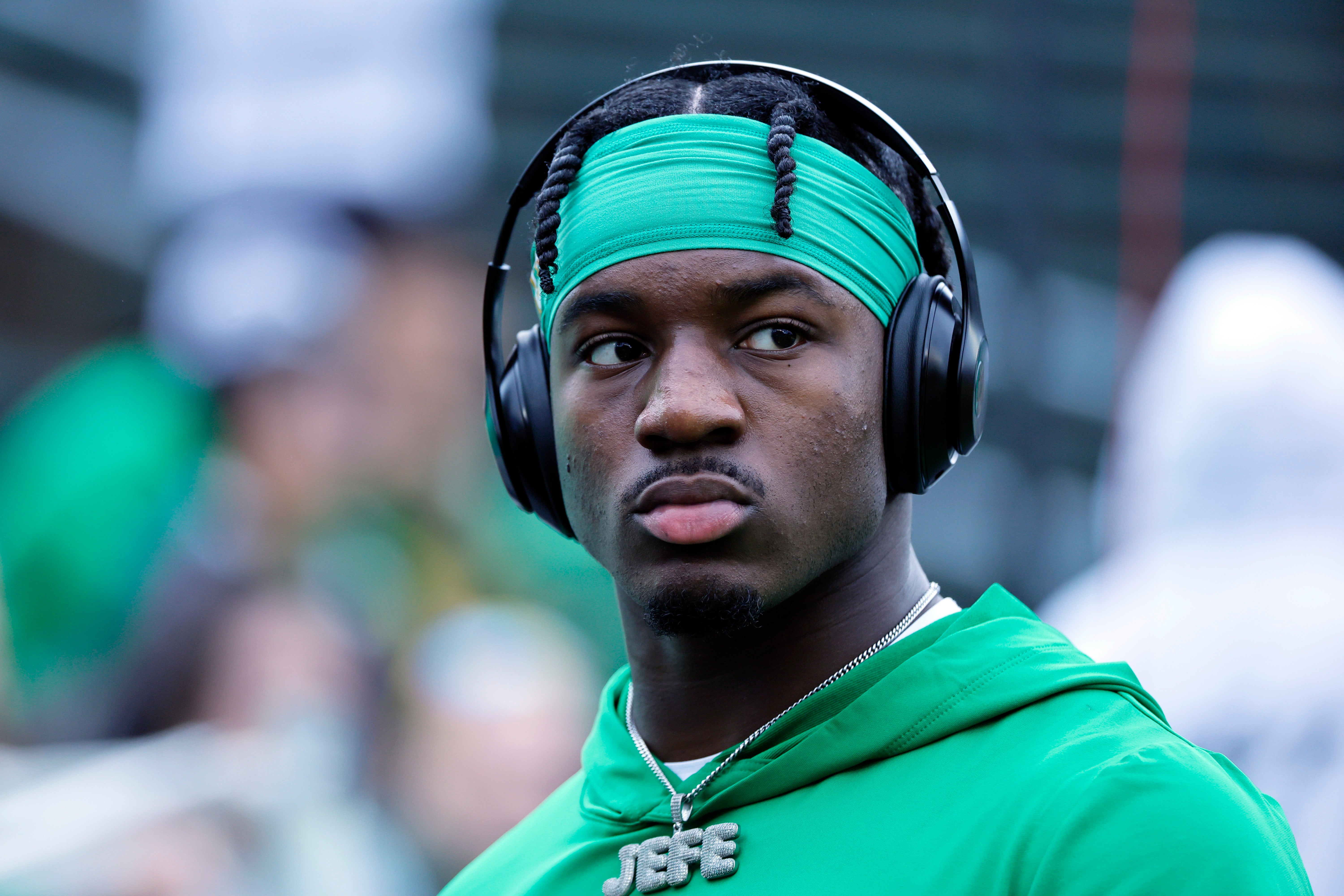Oct 21, 2023; Eugene, Oregon, USA; Oregon Ducks linebacker Jeffrey Bassa (2) looks on during warm ups prior to the game against the Washington State Cougars at Autzen Stadium.