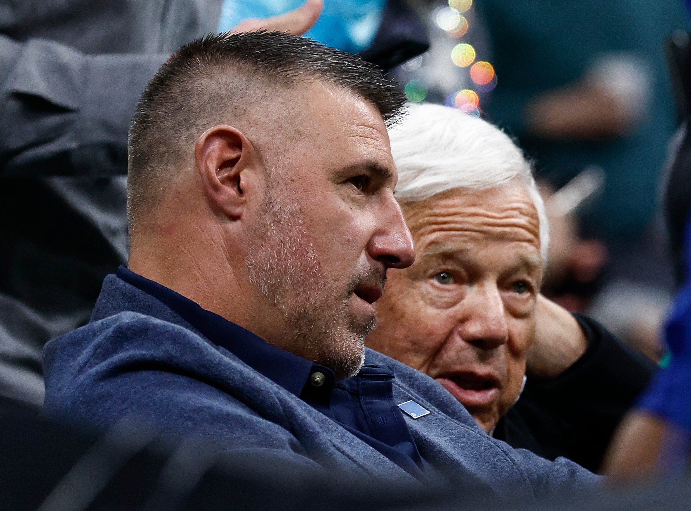 Apr 23, 2025; Boston, Massachusetts, USA; New England Patriots head coach Mike Vrabel, left, talks with Patriots owner Robert Kraft courtside during the second half of game two of the first round of the 2024 NBA Playoffs between the Boston Celtics and the Orlando Magic at TD Garden.