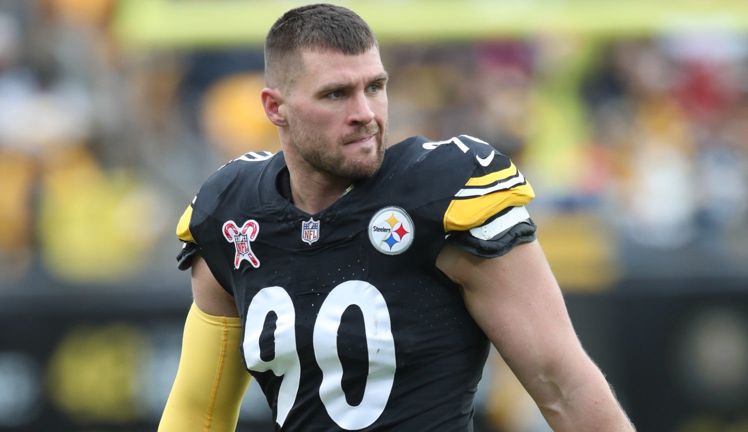 Dec 25, 2024; Pittsburgh, Pennsylvania, USA; Pittsburgh Steelers linebacker T.J. Watt (90) looks on against the Kansas City Chiefs during the fourth quarter at Acrisure Stadium.