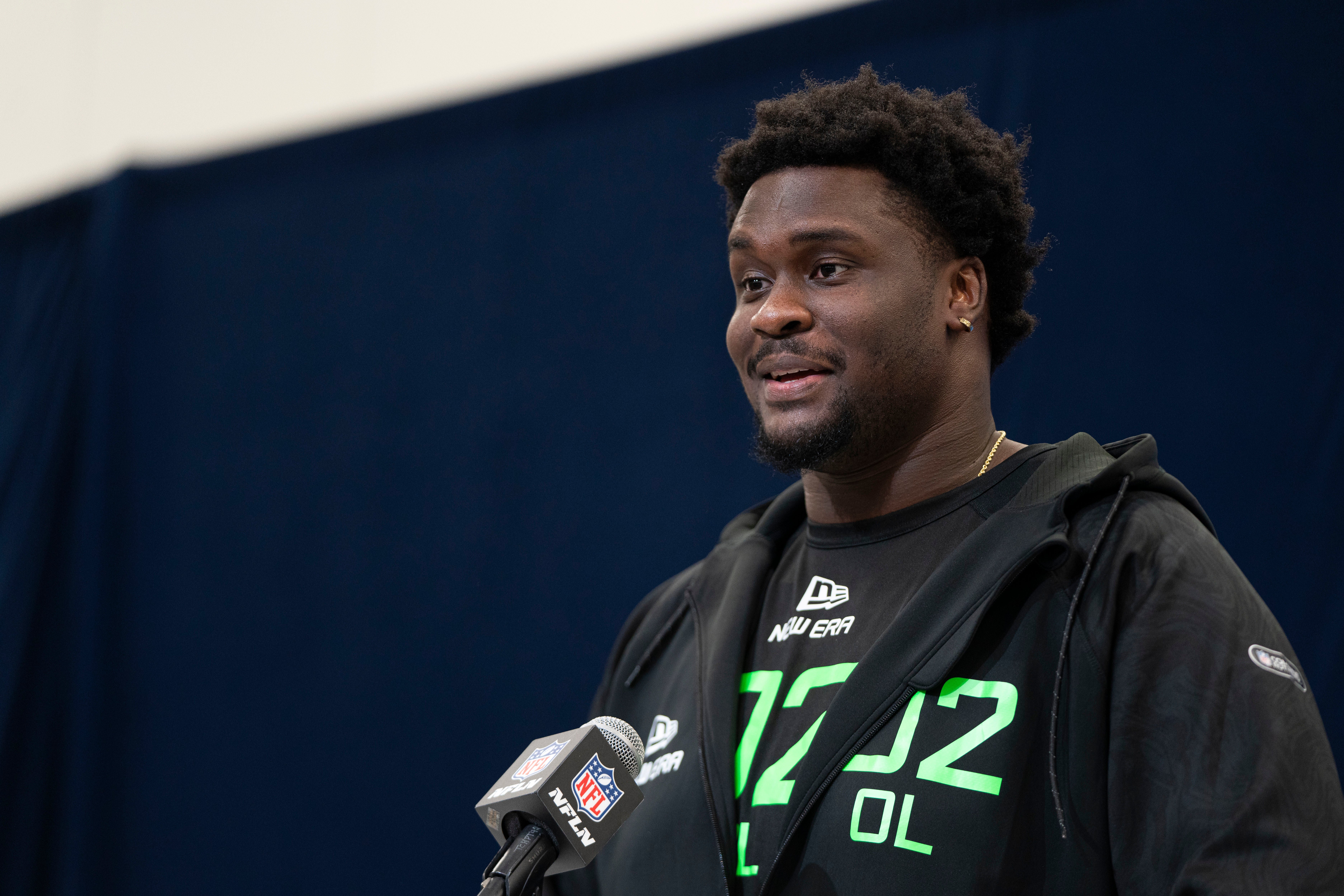 North Carolina State University offensive lineman Anthony Belton (OL02) answers questions at a press conference during the 2025 NFL Combine at Indiana Convention Center.