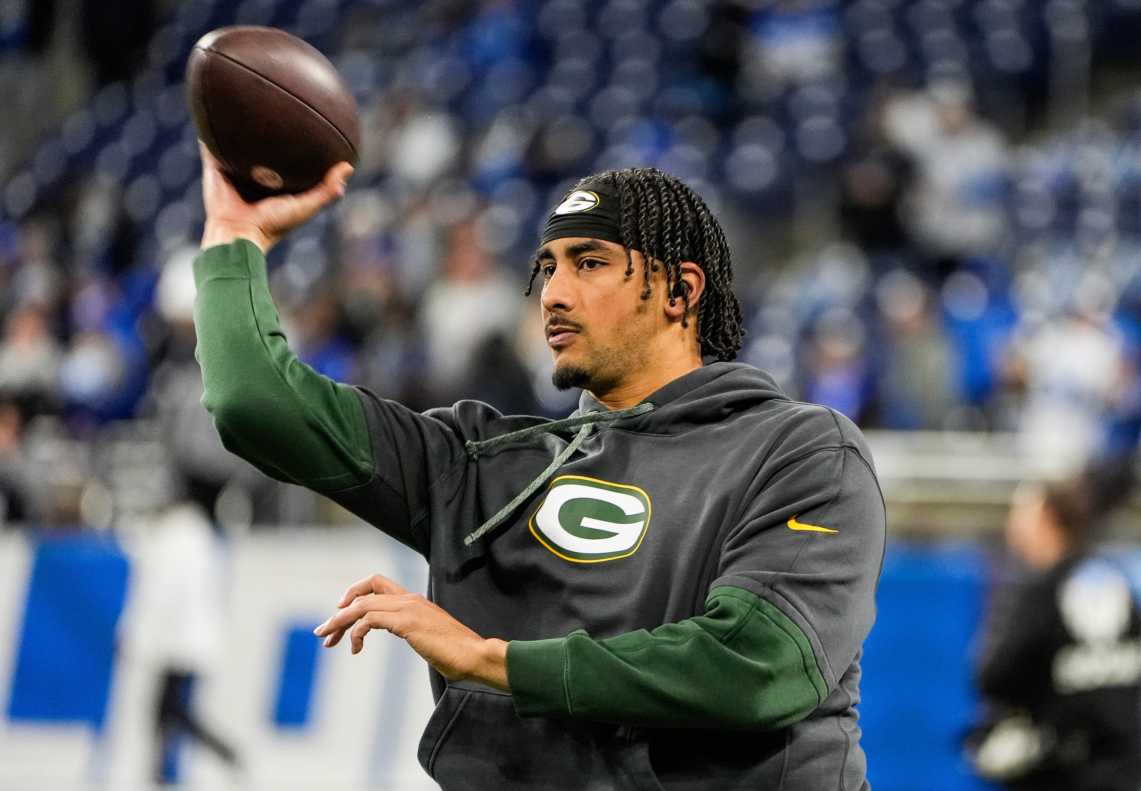 Green Bay Packers quarterback Jordan Love (10) warms up before the game between Detroit Lions and Green Bay Packers at Ford Field in Detroit on Thursday, Dec. 5, 2024.