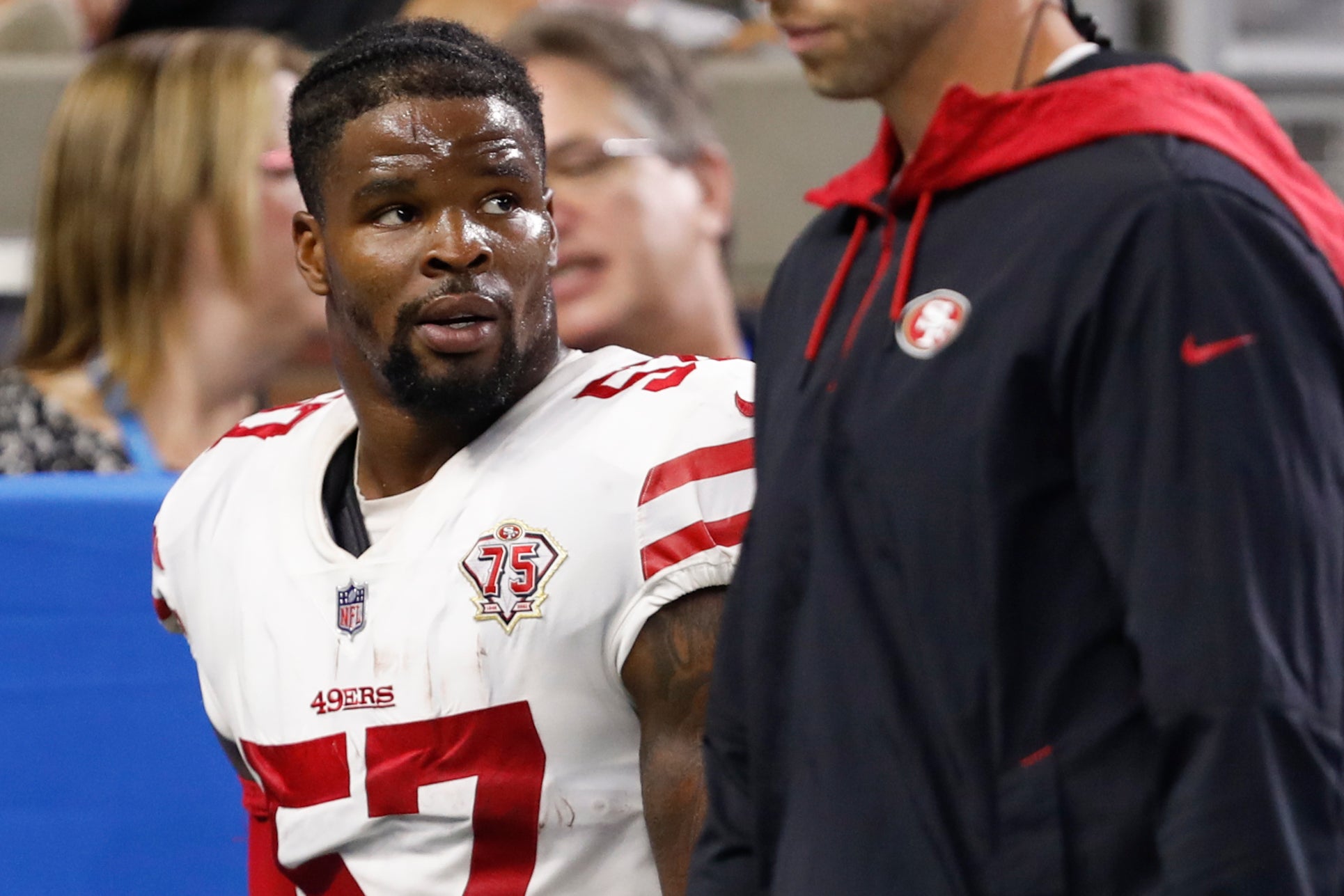 Sep 12, 2021; Detroit, Michigan, USA; San Francisco 49ers linebacker Dre Greenlaw (57) walks off the field with an injury during the second quarter against the Detroit Lions at Ford Field.