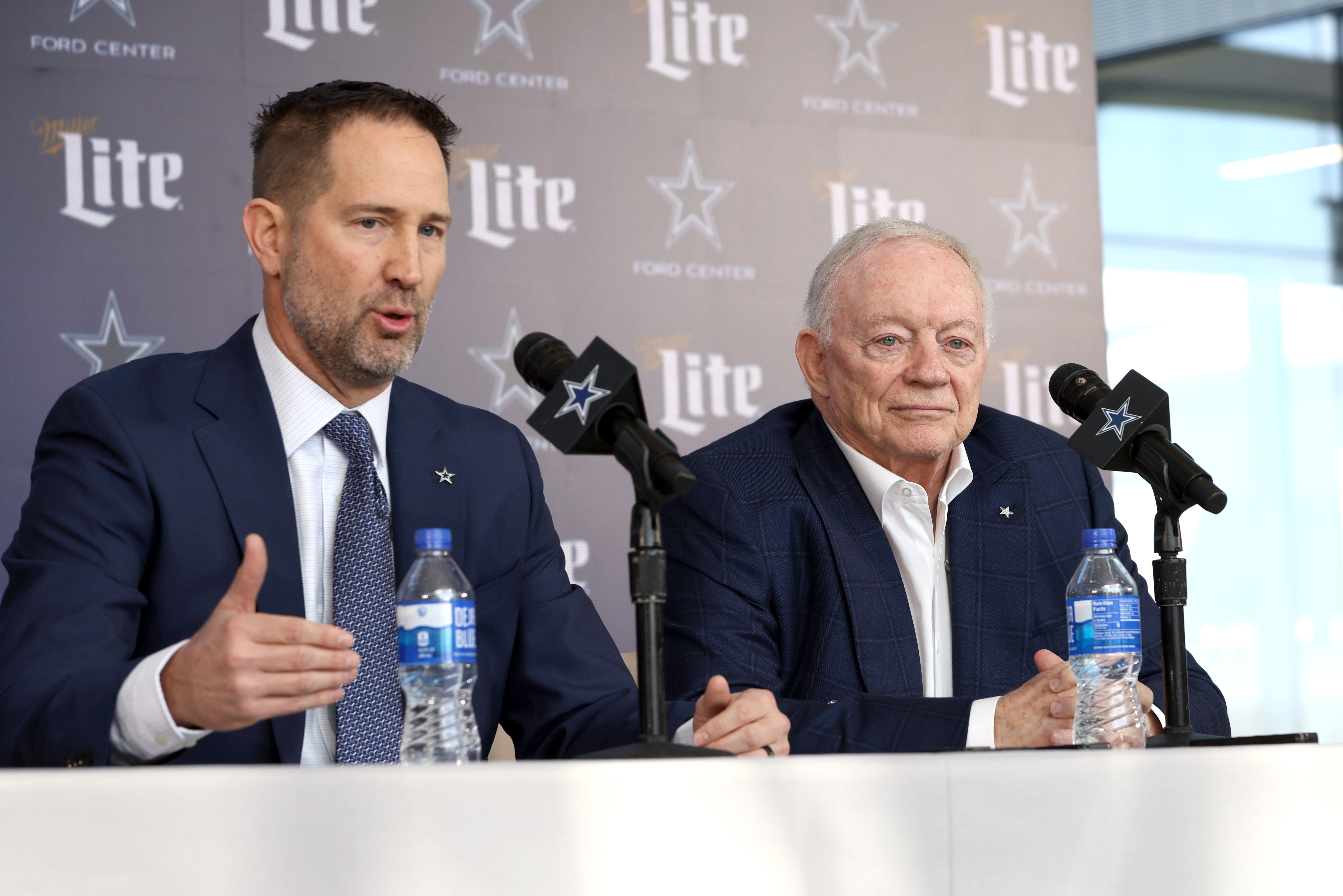 Dallas Cowboys Head Coach Brian Schottenheimer and owner Jerry Jones speak to the media at a press conference at the Star.
