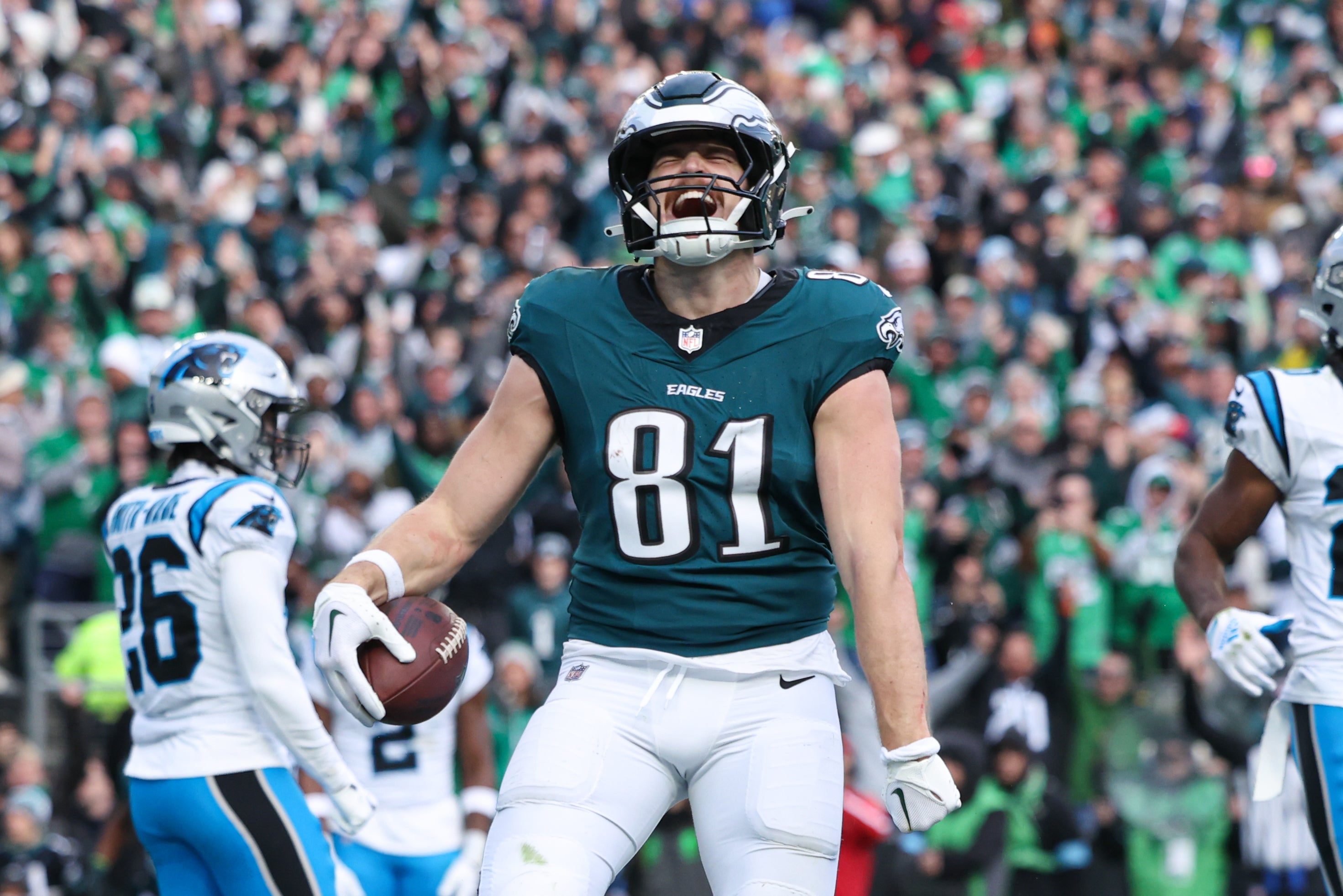 Philadelphia Eagles tight end Grant Calcaterra (81) reacts to his touchdown catch against the Carolina Panthers during the fourth quarter at Lincoln Financial Field.