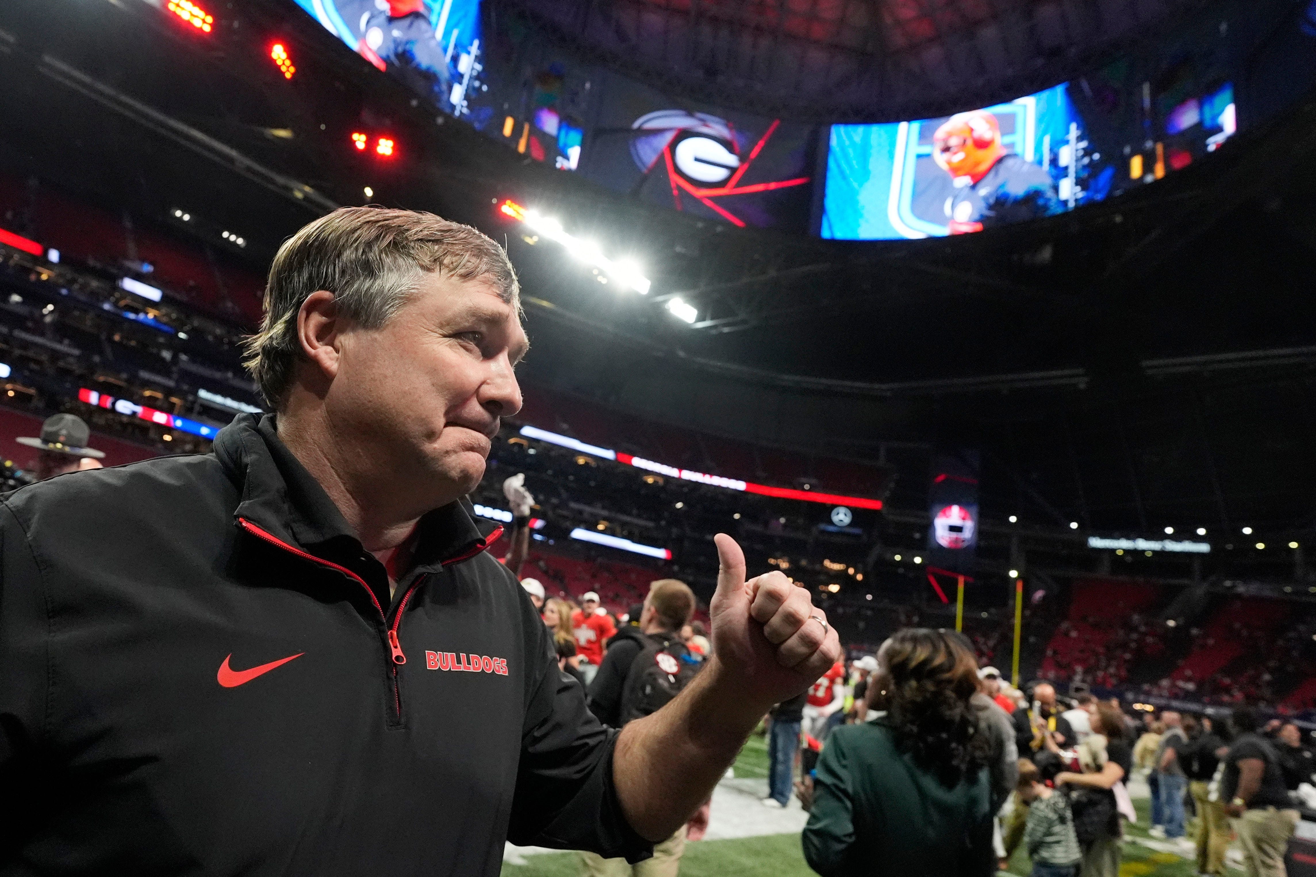 Georgia coach Kirby Smart celebrates after the winning the SEC championship game against Texas in Atlanta, on Saturday, Dec. 7, 2024. Georgia won 22-19.