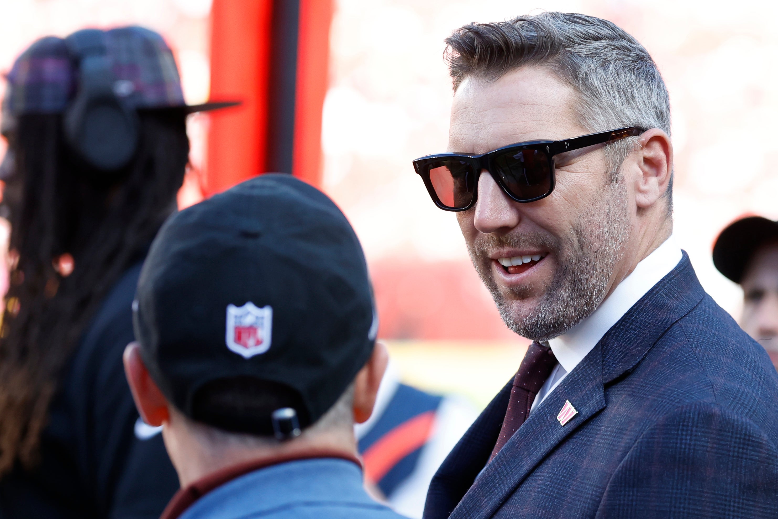 Oct 6, 2024; Landover, Maryland, USA; Washington Commanders general manager Adam Peters stands on the sidelines against the Cleveland Browns during the fourth quarter at NorthWest Stadium.