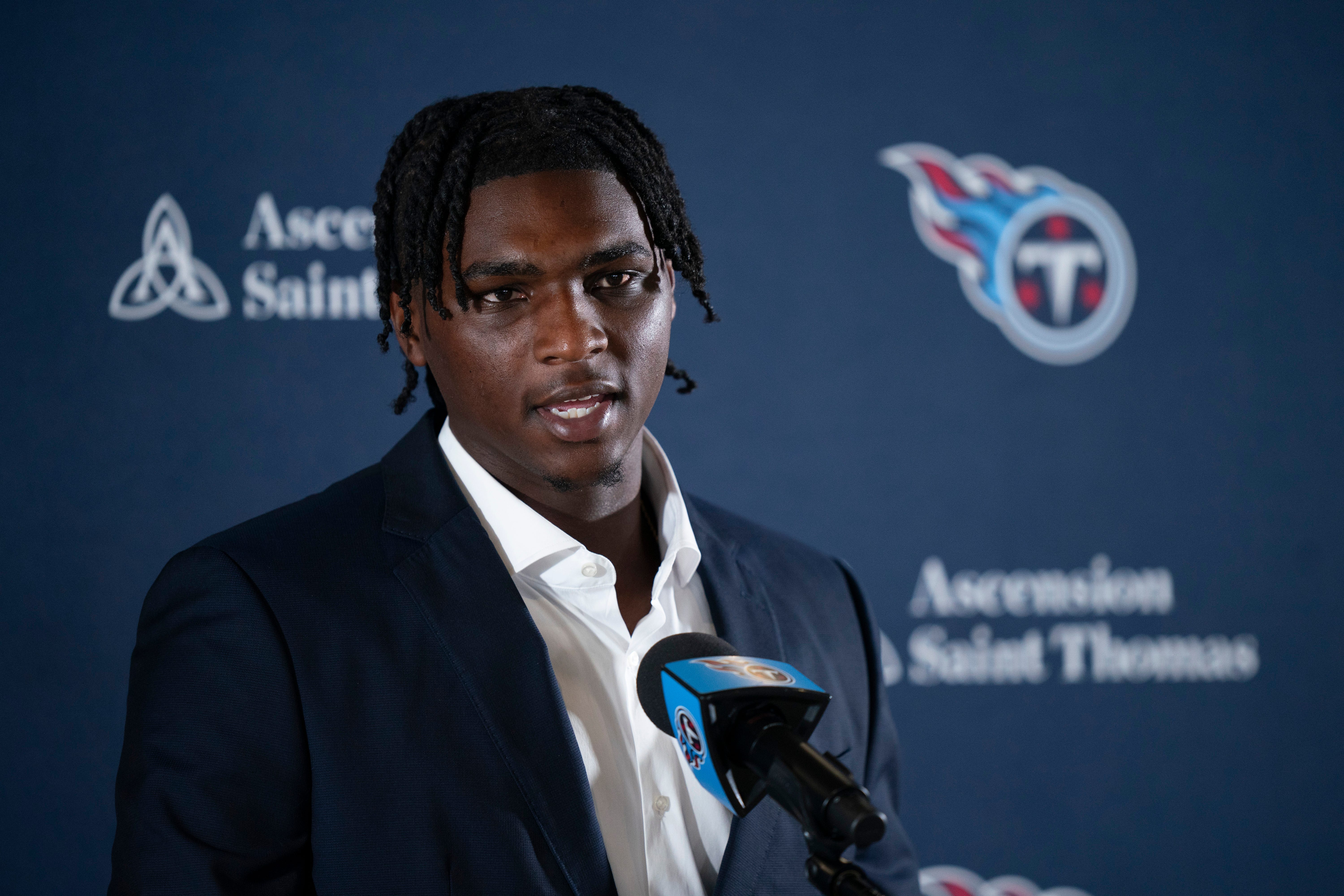 Cam Ward fields questions after being introduced as the Tennessee Titans first-round pick and overall number one pick in the NFL Draft at Ascension Saint Thomas Sports Park in Nashville, Tenn., Frid... Denny Simmons / The Tennessean-USA TODAY NETWORK via Imagn Images