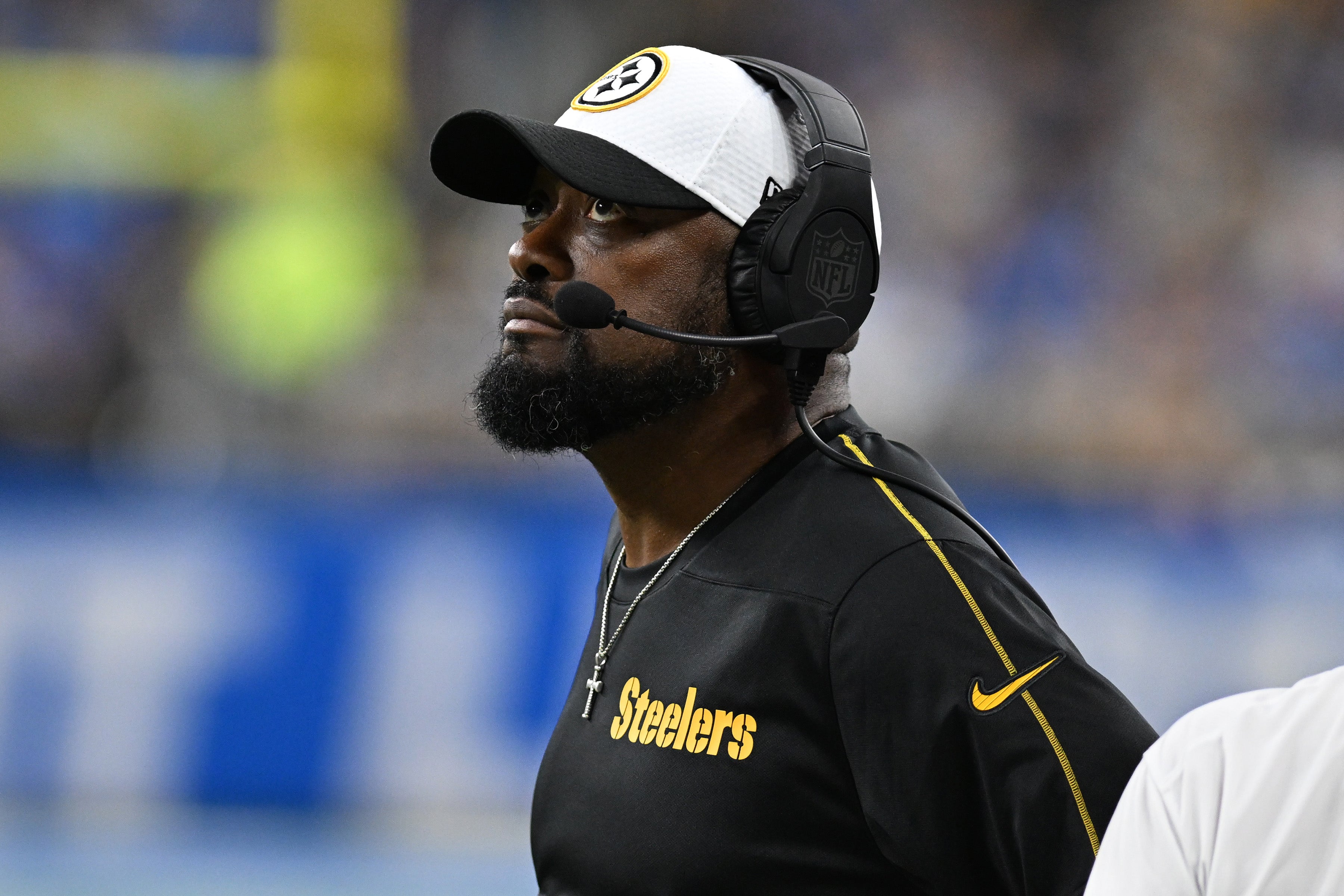 Aug 24, 2024; Detroit, Michigan, USA; Pittsburgh Steelers head coach Mike Tomlin looks at the scoreboard during a timeout against the Detroit Lions in the third quarter at Ford Field.