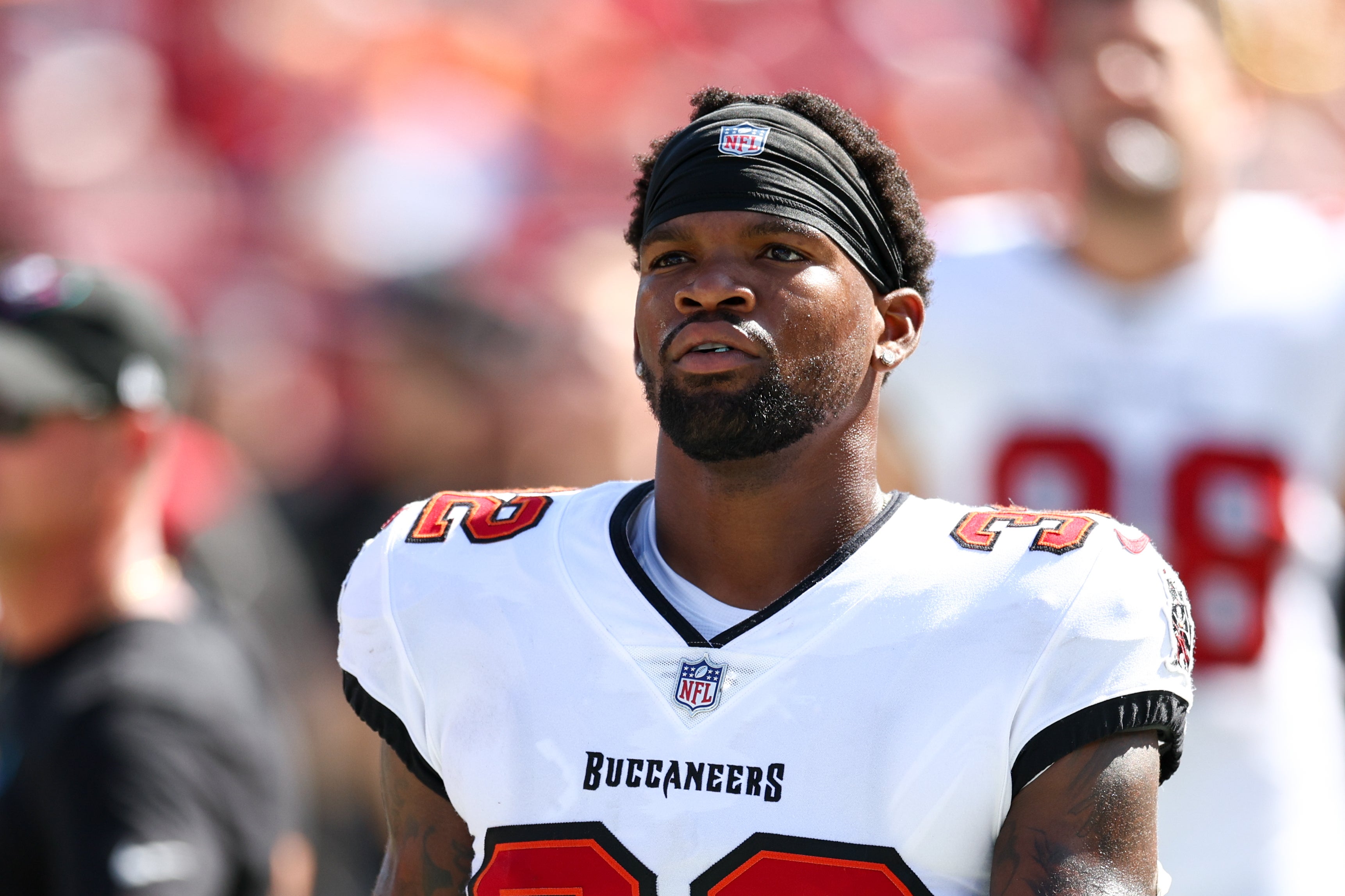 Sep 29, 2024; Tampa, Florida, USA; Tampa Bay Buccaneers safety Josh Hayes (32) looks on against the Philadelphia Eagles in the fourth quarter at Raymond James Stadium.
