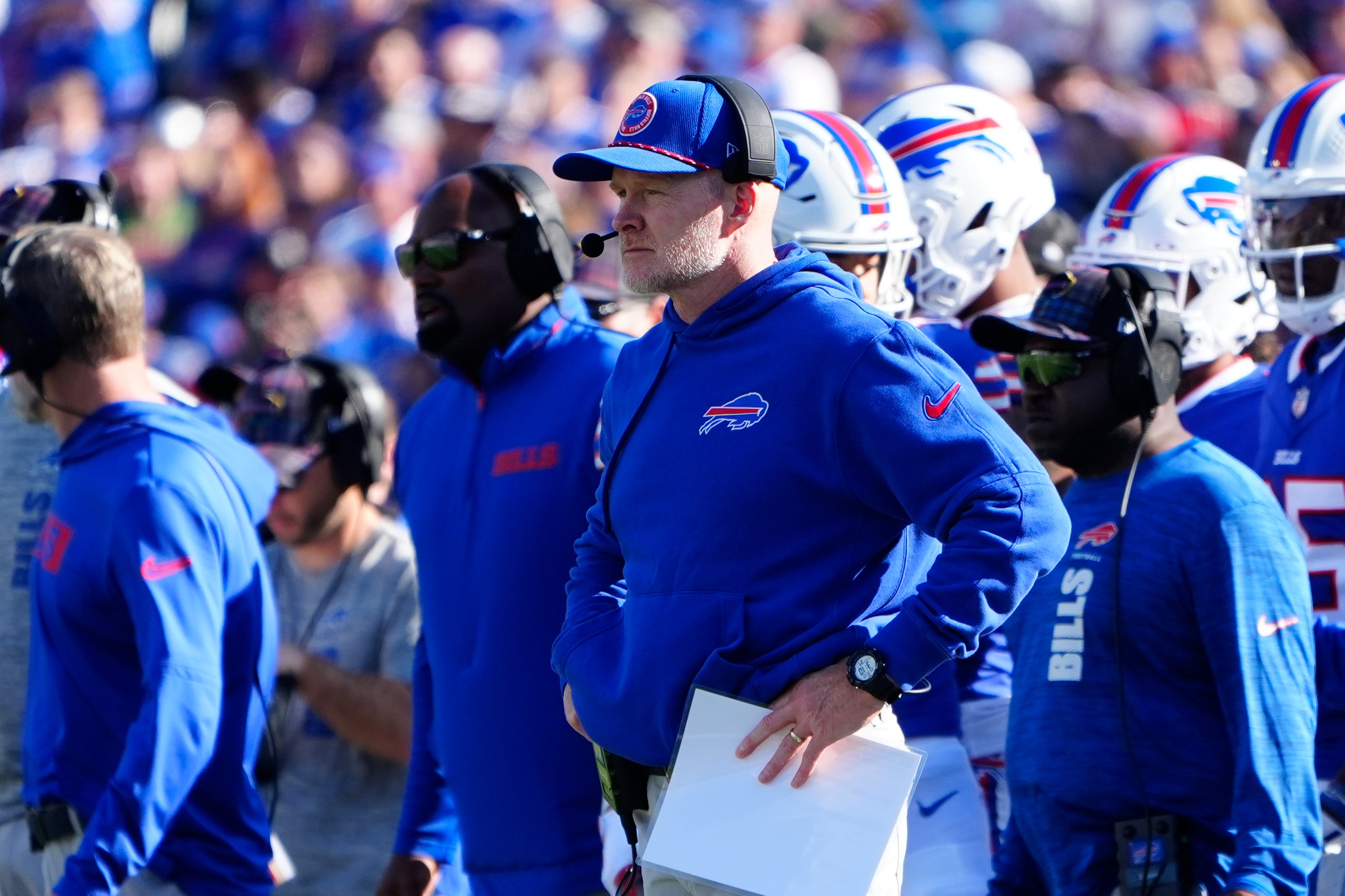 Oct 20, 2024; Orchard Park, New York, USA; Buffalo Bills head coach Sean McDermott looks on from the sidelines during the second half against the Tennessee Titans at Highmark Stadium.