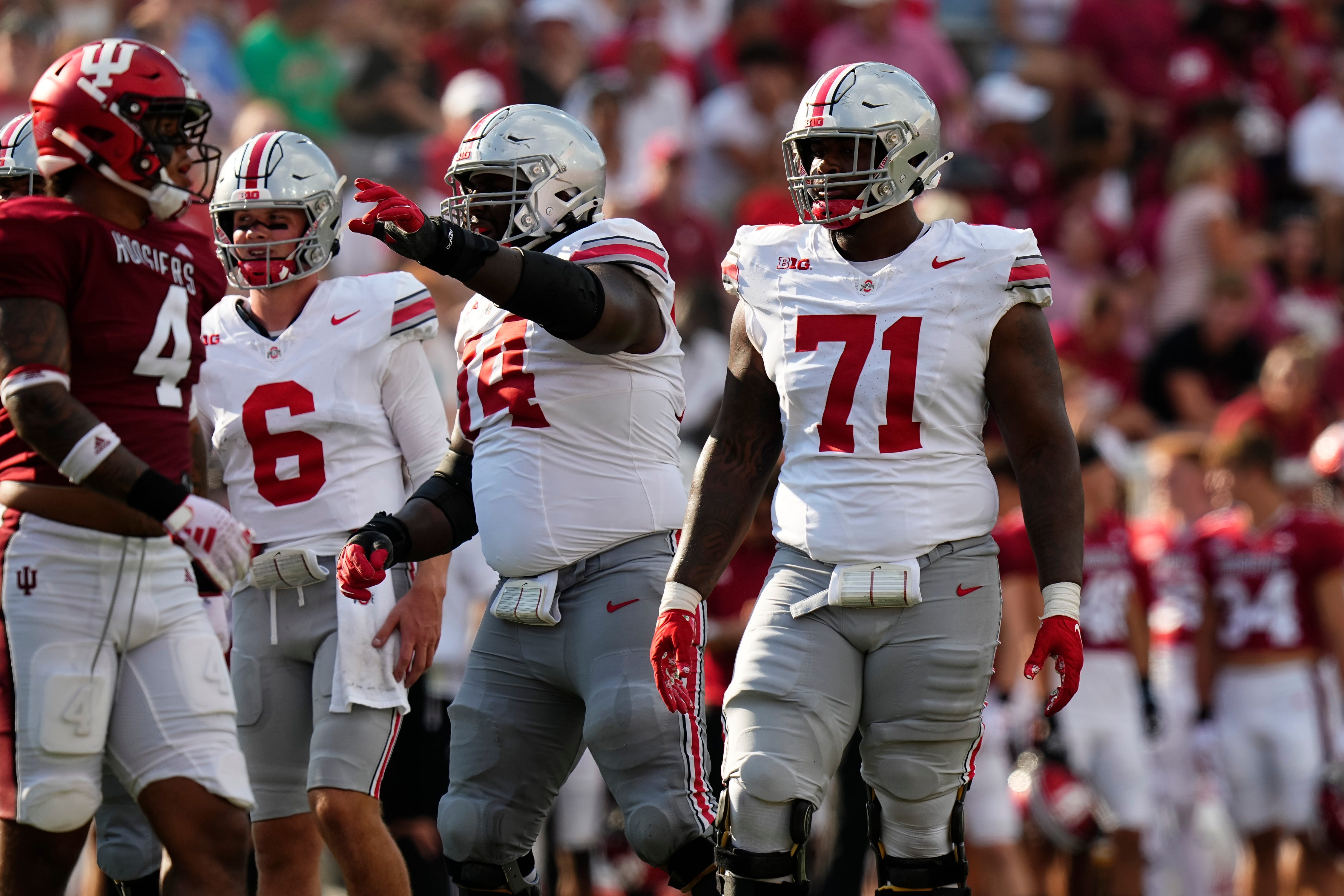 Sep 2, 2023; Bloomington, Indiana, USA; Ohio State Buckeyes offensive lineman Josh Simmons (71) lines up beside offensive lineman Donovan Jackson (74) during the NCAA football game at Indiana University Memorial Stadium. Ohio State won 23-3.