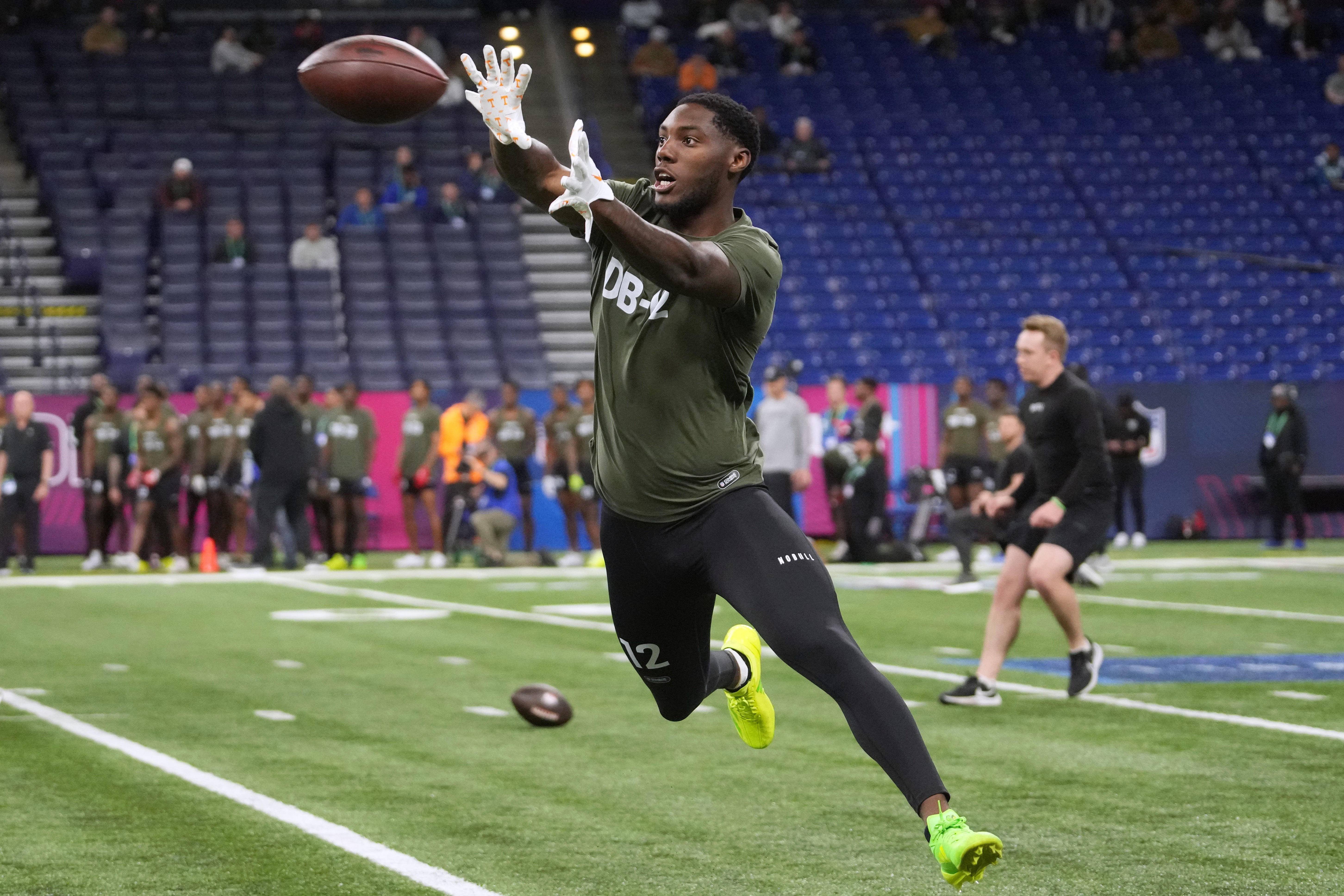 Tennessee defensive back Kamal Hadden (DB12) works out during the 2024 NFL Combine at Lucas Oil Stadium.