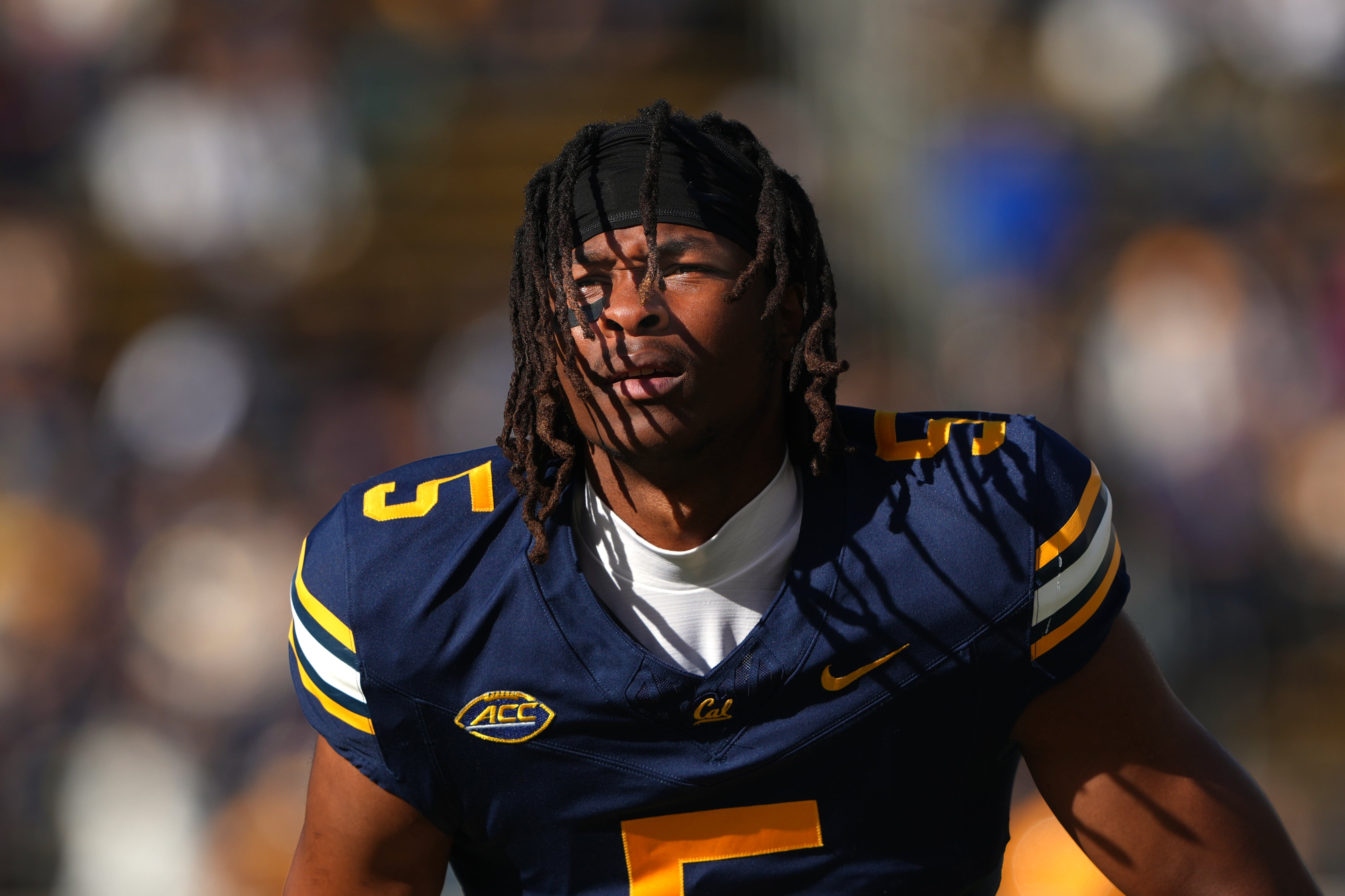 Nov 23, 2024; Berkeley, California, USA; California Golden Bears wide receiver Tobias Merriweather (5) before the game against the Stanford Cardinal at California Memorial Stadium. Mandatory Credit: Darren Yamashita-Imagn Images